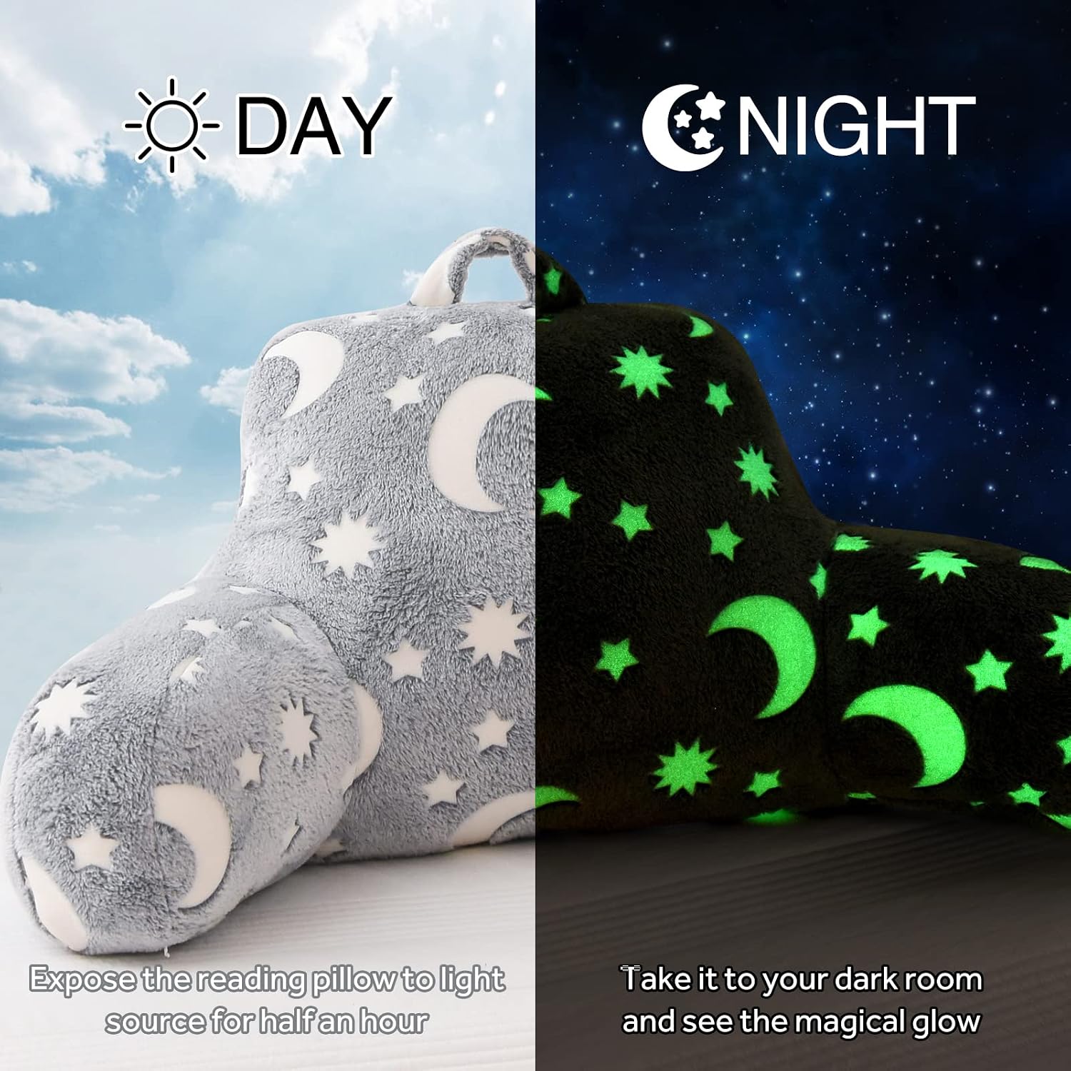 Anicenight A Nice Night Star Moon Plush Reading Pillow Glow in The Dark Bed Wedge Children Backrest with Arms Back Support for Sitting Up i…