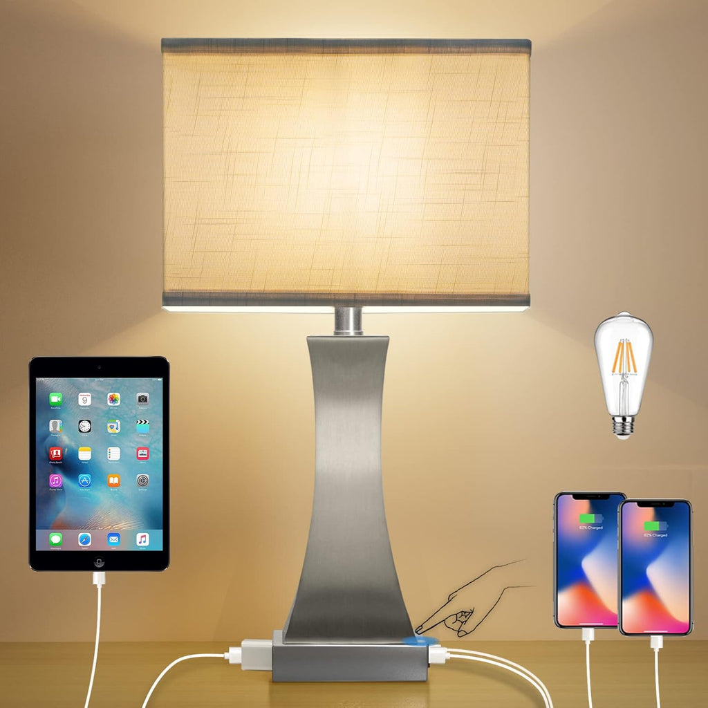 OYedis Table Lamp for Bedroom 3-Way Dimmable Touch Control Bedside Lamp with USB A+C Port & Outlet 21.6" Tall Nightstand Lamp for Living…