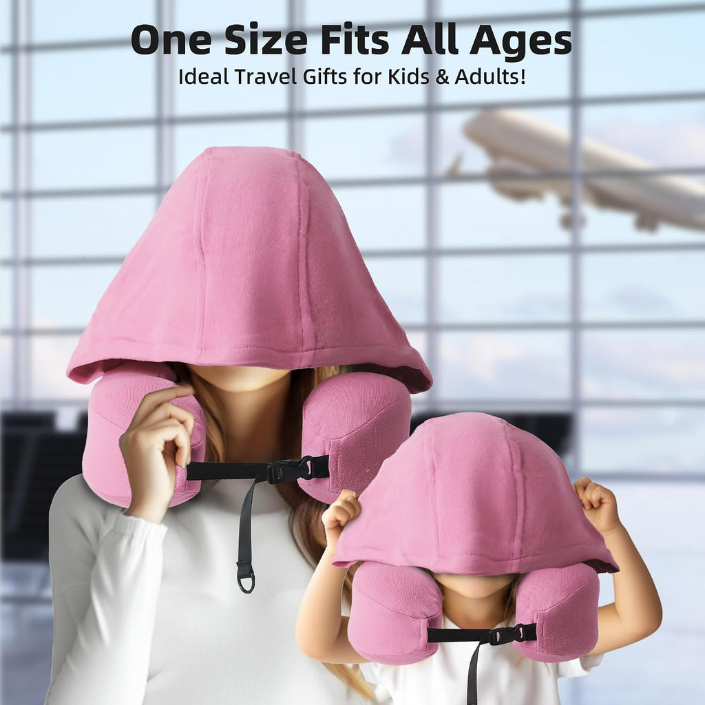 Privacy-Friendly Hooded Travel Pillow for Kids & Adults, Sensory-Friendly, Memory Foam Neck Support for Airplane, Car & Train, Breathable…