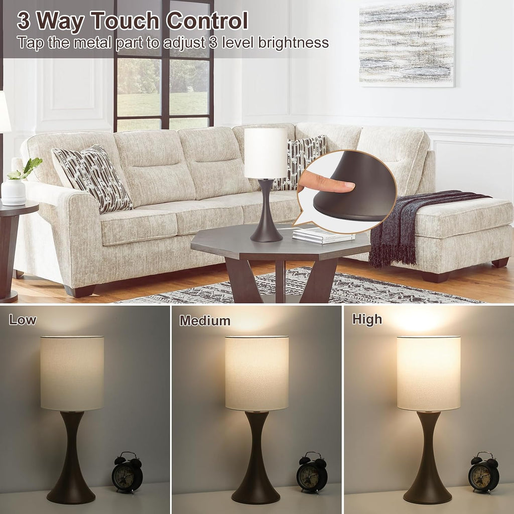 3 Way Touch Control Table Lamp, Modern Bedside Lamp Dimmable Nightstand Lamp with Beige Shade and Dark Brown Base, Small Desk Lamp for…