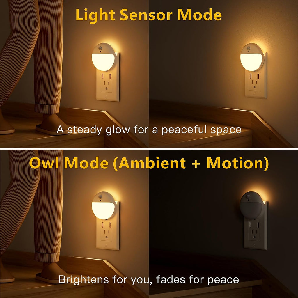 YUNLEX 2 Pack Plug in Night Light with Motion Sensor and Dusk to Dawn Sensor, Stepless Dimming, Warm White LED Nightlight with 3 Lighting…