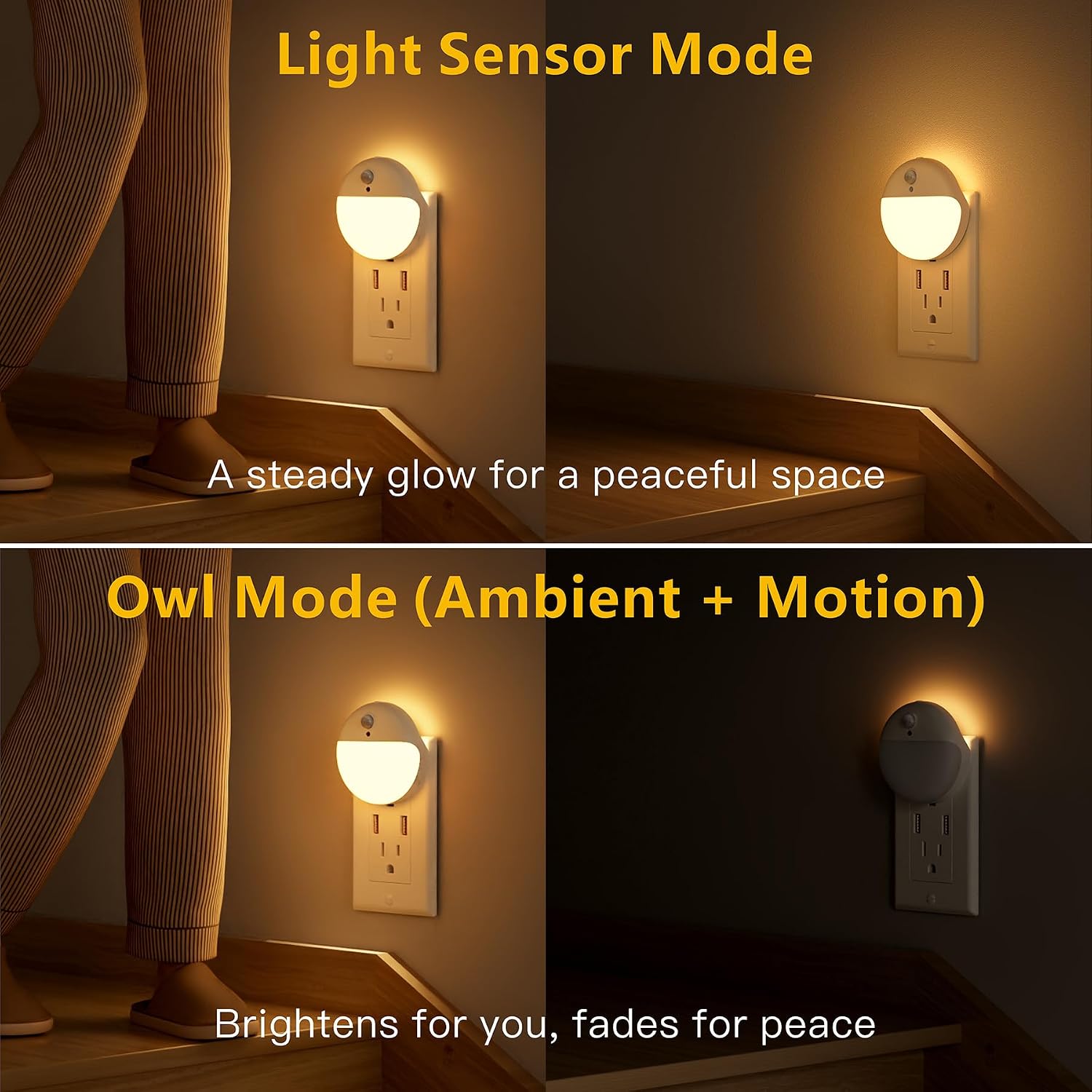 YUNLEX 2 Pack Plug in Night Light with Motion Sensor and Dusk to Dawn Sensor, Stepless Dimming, Warm White LED Nightlight with 3 Lighting…