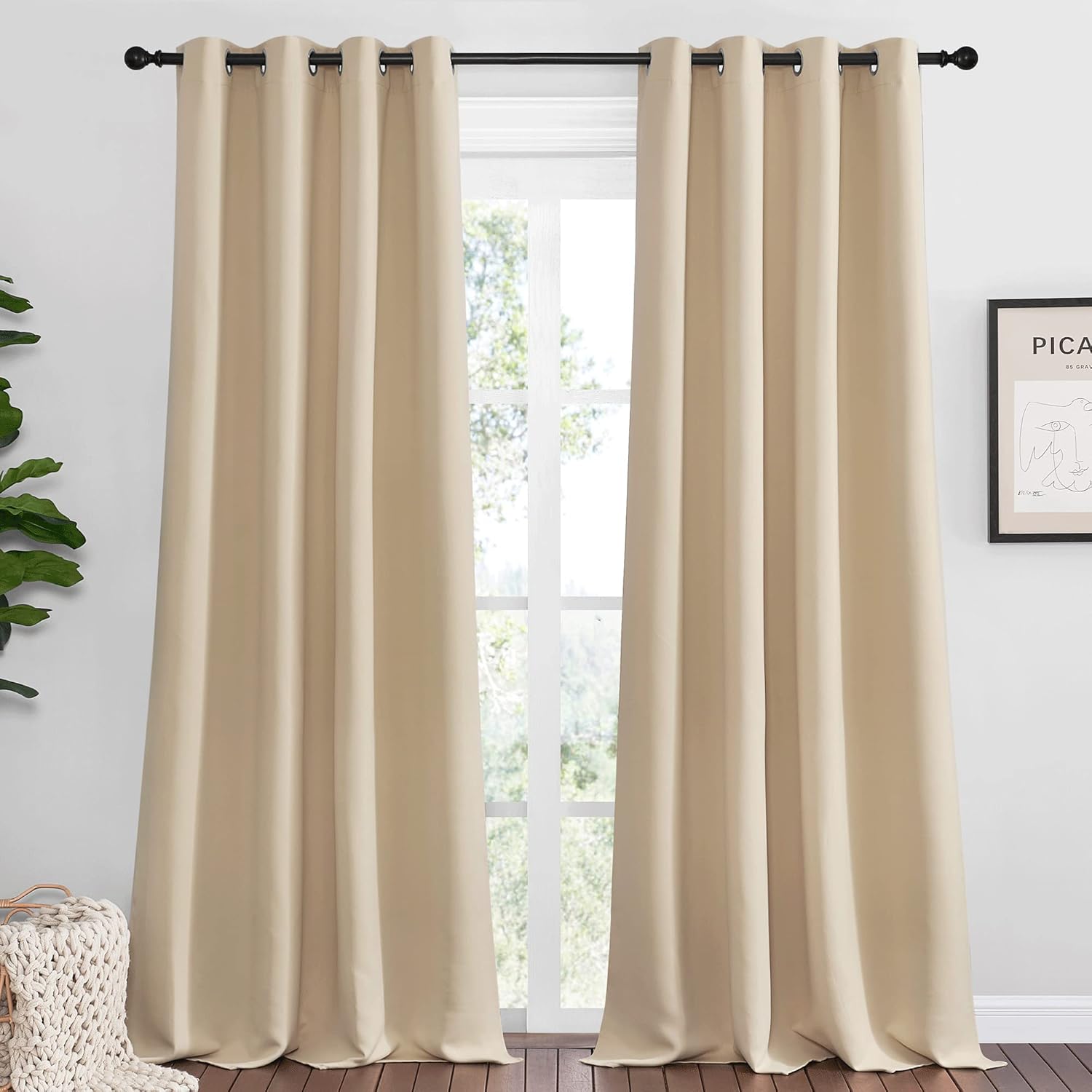 Nicetown Bedroom Room Darkening Curtains, Biscotti Beige, 1 Pair, 55 inches by 102 Inch, Triple Weave Microfiber Grommet Top Thermal Insula…