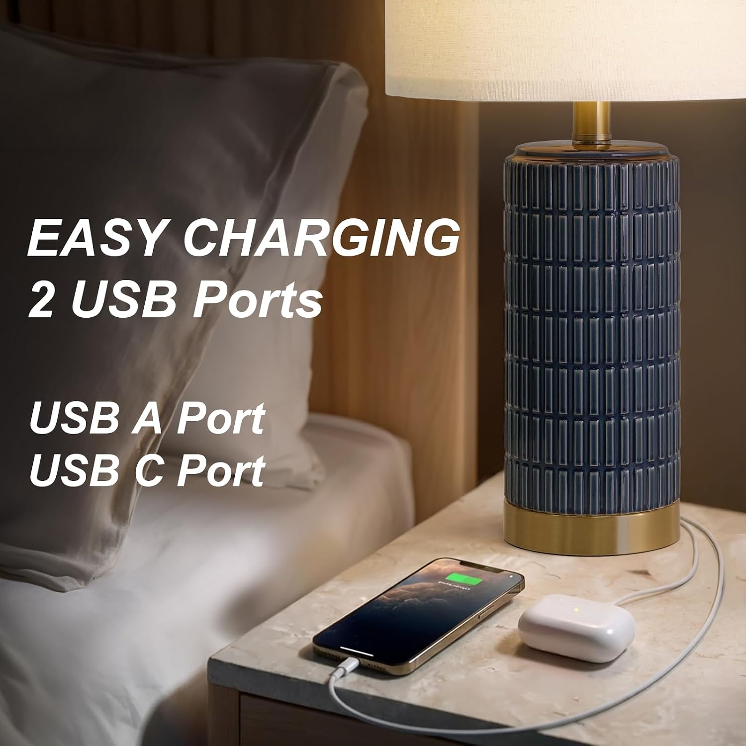 PoKat 21.5'' Bedside Table Lamps Set of 2 with USB A+C Ports for Living Room, Ceramic Modern Lamps for Bedroom, Small Nightstand Lamps…