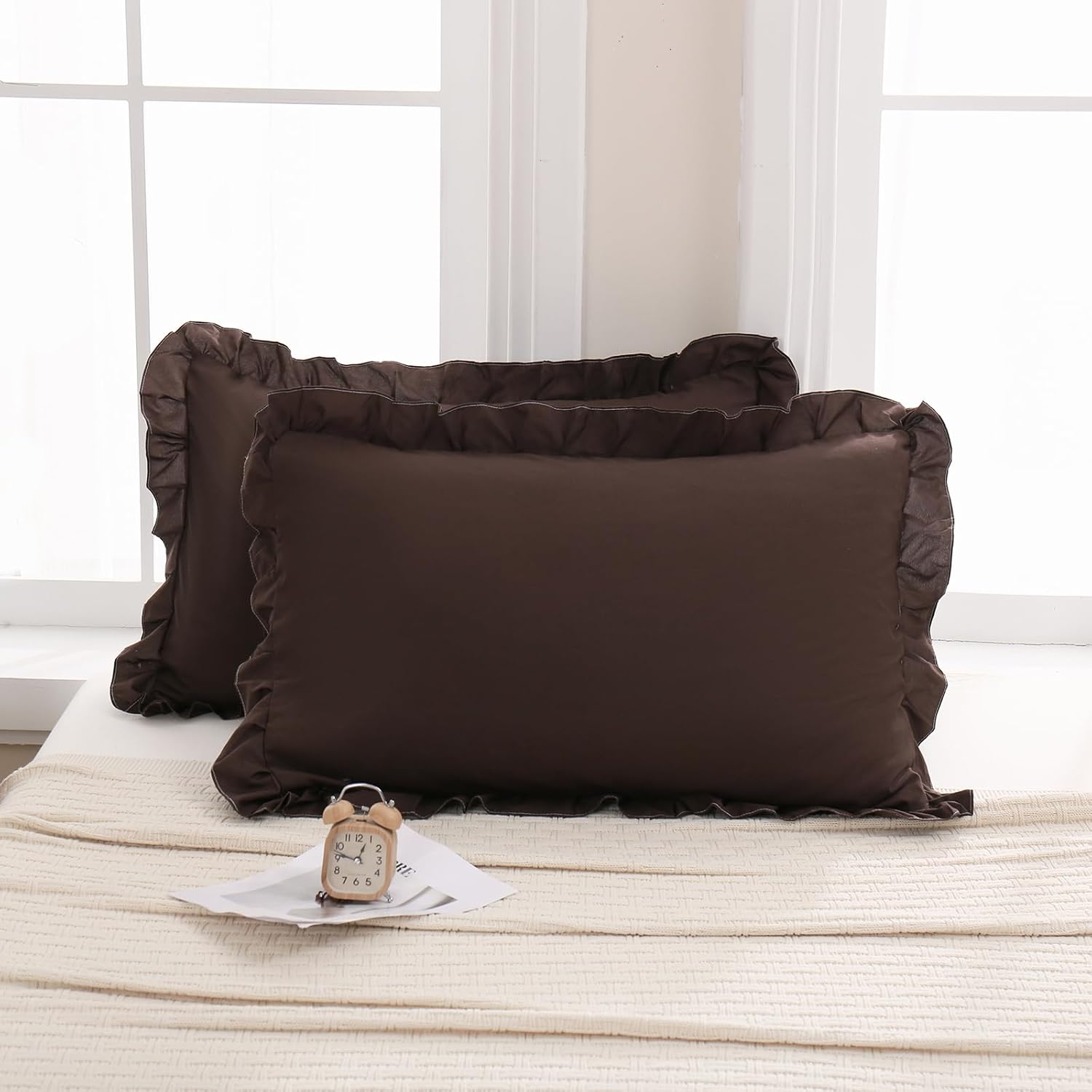 Merryword Dark Brown Pillow Shams Chocolate Queen Pillowcases Cute Pillow Cover Set of 2 Soft Shabby Chic Ruffled Pillowcases 2 Pack (Queen…