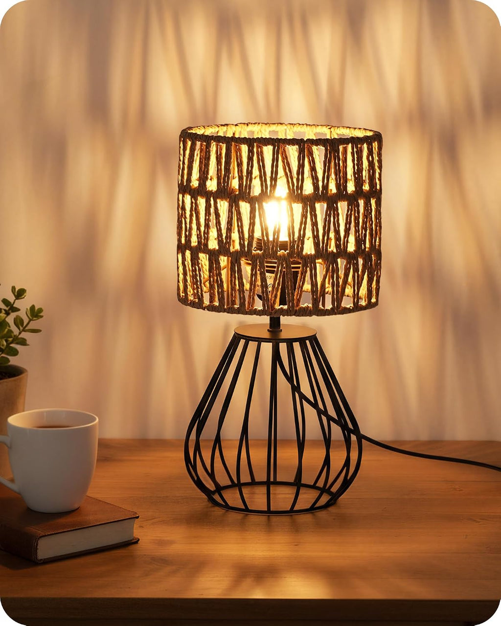 Rattan Table Lamp, Boho Table Lamp, Small Bedside Lamp, Handwoven Paper Lampshade, 2700K LED Bulb Included, Boho Desk Lamp, Modern…