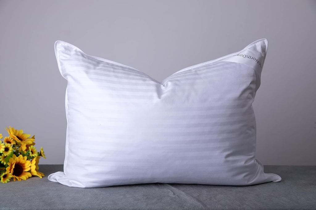Queen Size Goose Down Feather Hotel Collection Bed Pillows for Sleeping One Pillow for Back, Stomach or Side Sleepers Stripe White Color