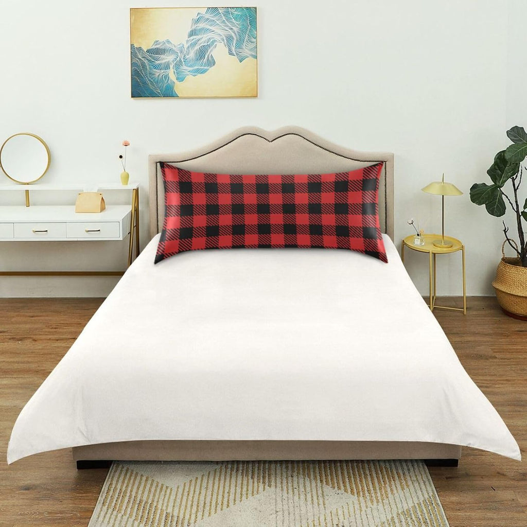 Plaid Red Print Pillow Covers Silk Pillowcase for Hair and Skin Soft Smooth Cooling Satin Pillowcase King Size Pillow Case for Bedroom…