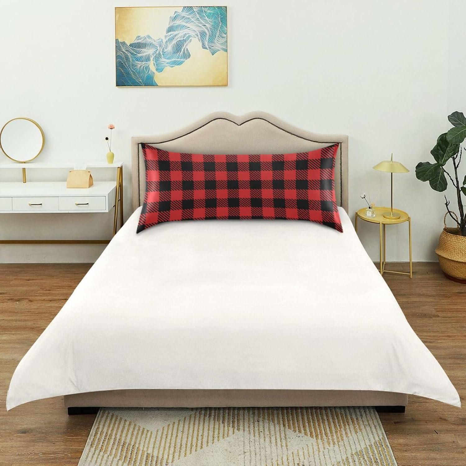 Plaid Red Print Pillow Covers Silk Pillowcase for Hair and Skin Soft Smooth Cooling Satin Pillowcase King Size Pillow Case for Bedroom…