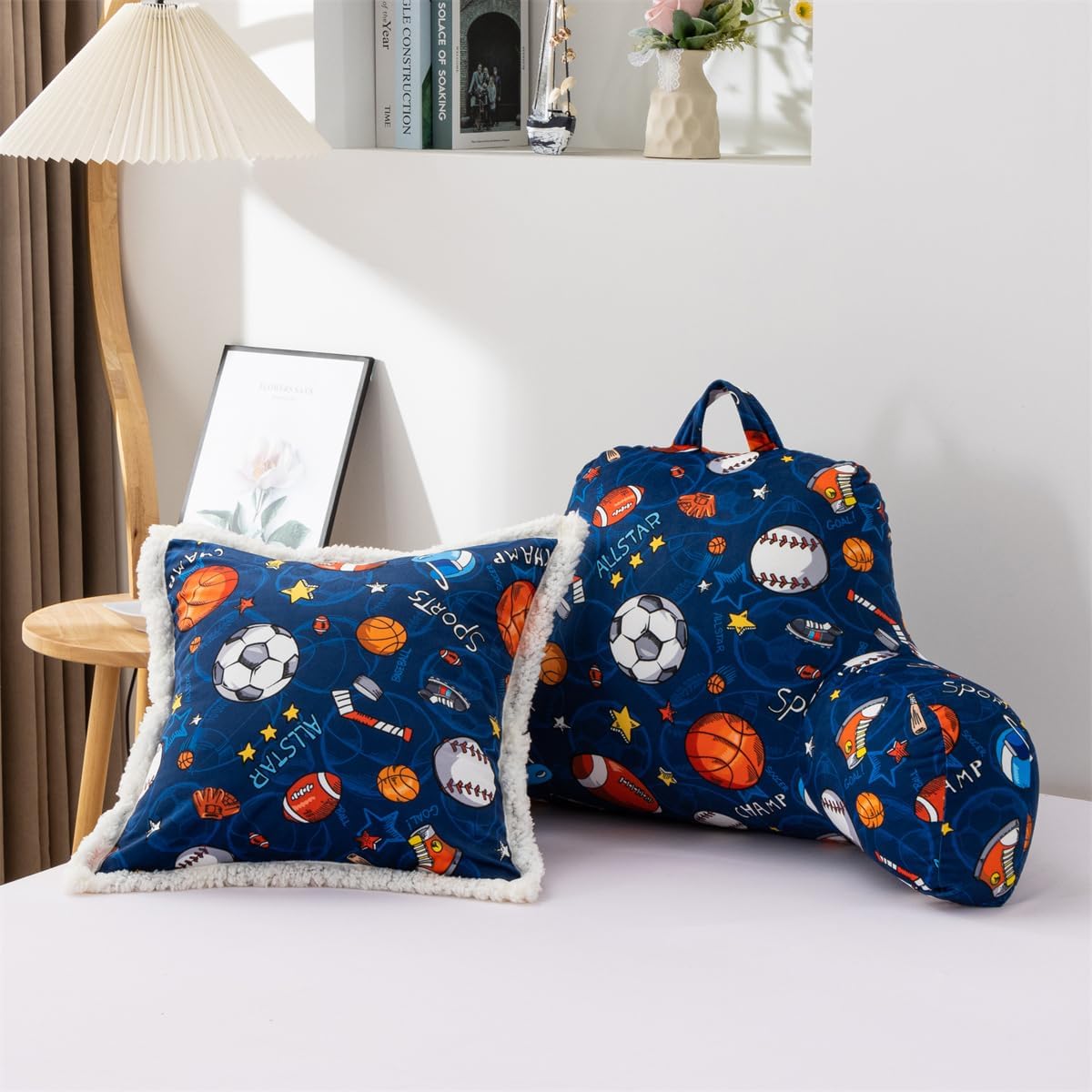 Ntbed Sport Ball Collection Printed Reading Pillow Bed Wedge Backrest with Arms, Couch TV Relax Bed Rest Pillow Back Support Cushion for Ki…