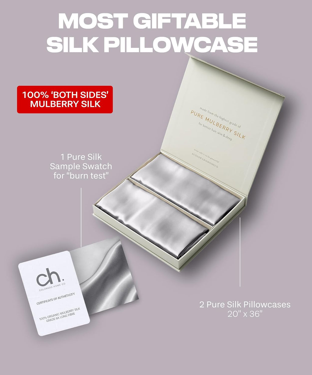 ColoradoHomeCo Colorado Home Co 100% Mulberry Silk Pillowcase Set of 2, King Size, Silver Grey, 22 Momme 6A Silk, Zipper Closure 2 pack cot…