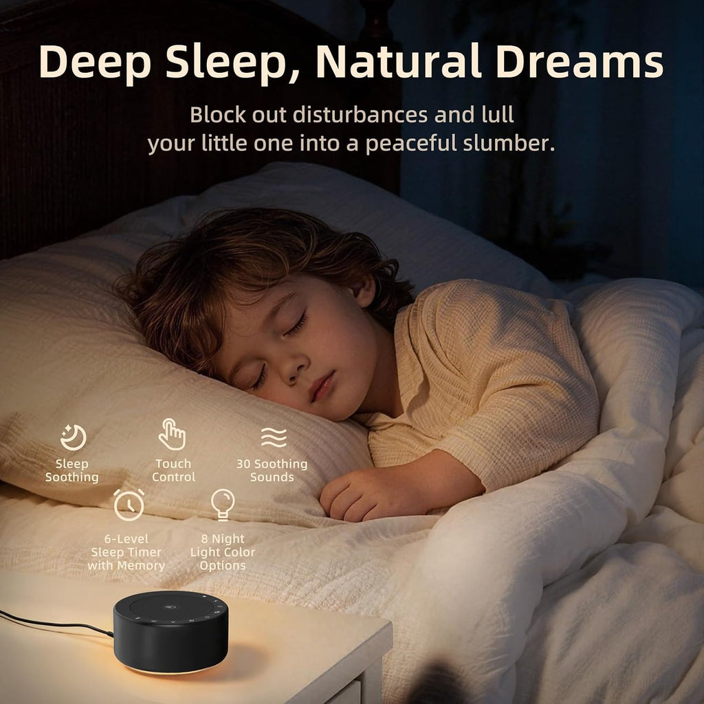 Kipcush White Noise Machine - Soft Non-Glare Nursery Lamp, 30 Soothing Sounds, 8 Color Lights, Max 8-Hour Timer for Baby & Adults (Black…