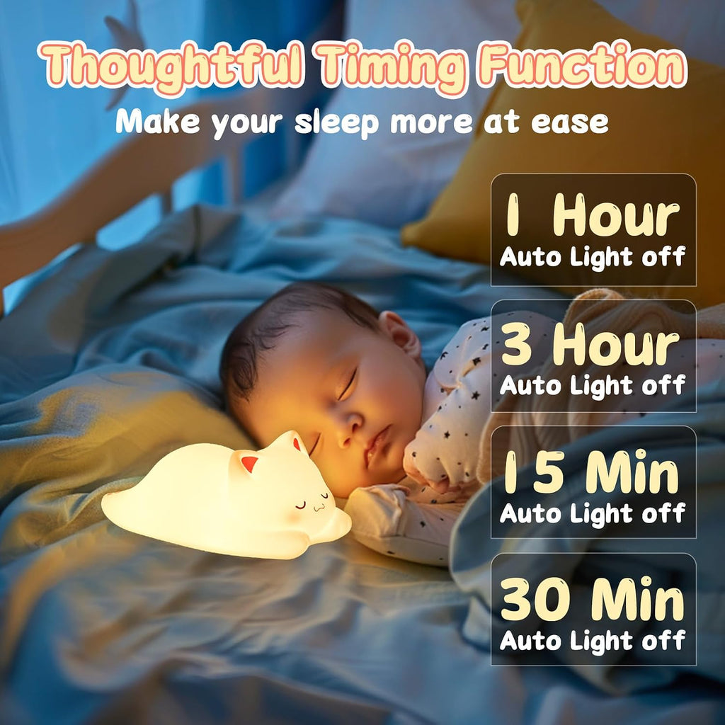 LOVERUIS Cute Night Light for Kids Cat Night-Light Baby Girl Squishy NightLight 1/3 Hour Timer Kitty Light Dimmable Nursery Lamp Colorful…