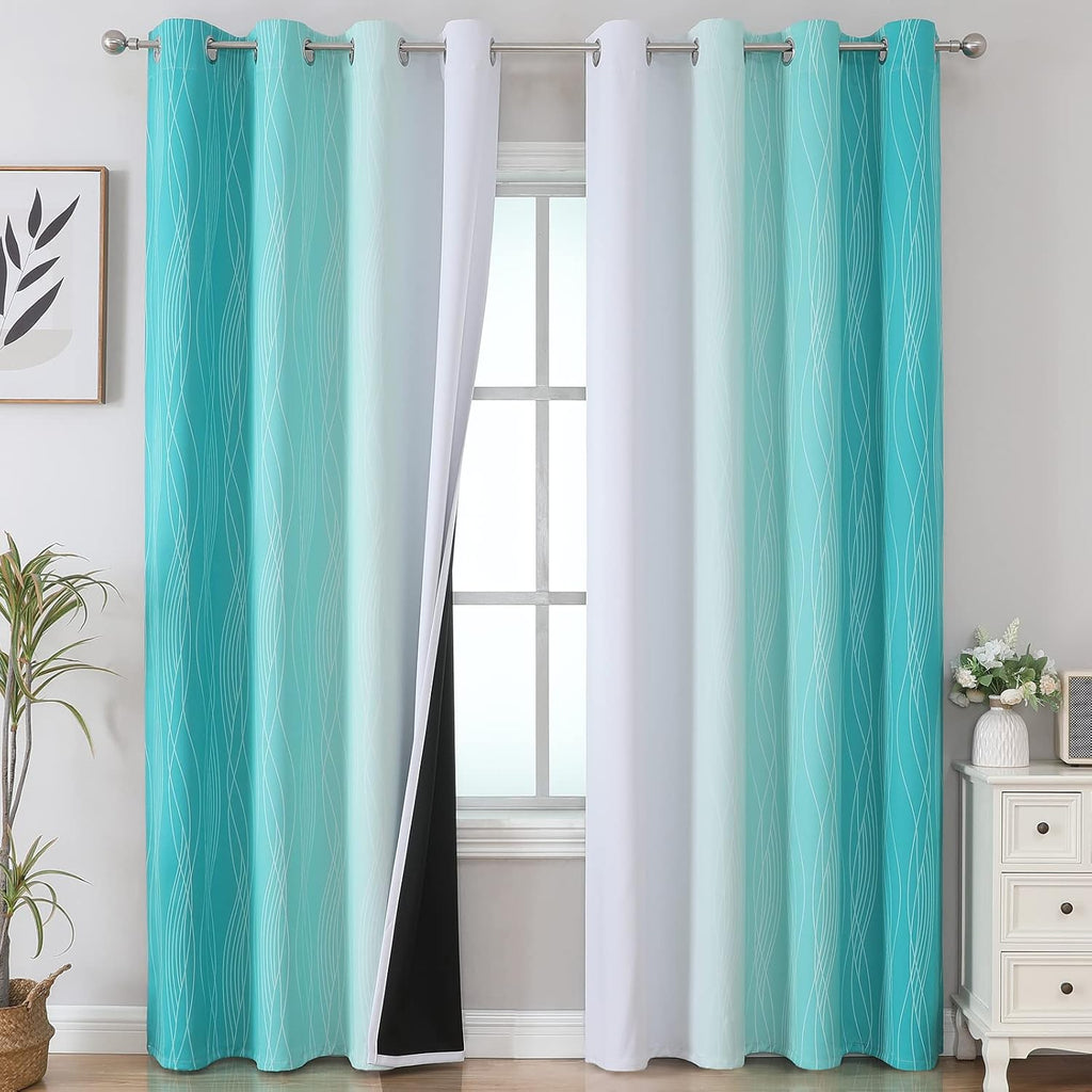 Estelartextiler Estelar Textiler Teal and Greyish White Blackout Curtains 102 Inch Length 2 Panels Set, Thermal Insulated Ombre Grommet Dra…