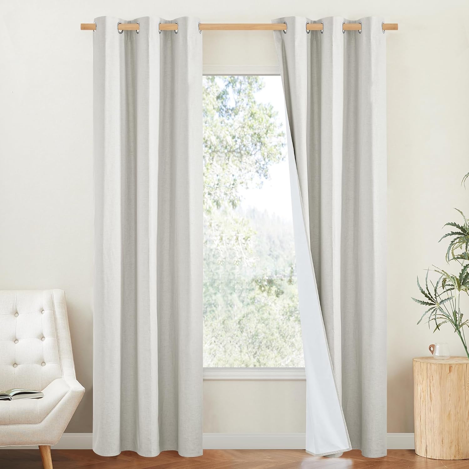 NICETOWN 100% Blackout Linen Texture Curtains 90 inches Long, Ivory, 2 Pcs, Thermal Insulated Full Blackout 2-Layer Lined Drapes, Energy…