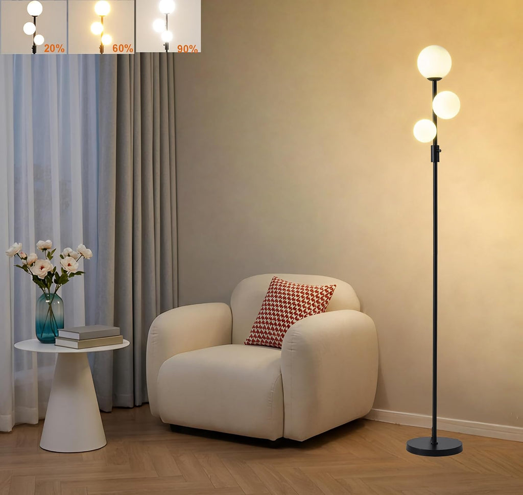 Fiqevs Upgraded Dimmable 3 Globe Mid Century Modern Floor Lamp, 3 x 3000K Warm Light LED Bulbs Included, Matt Black Standing Lamp with…