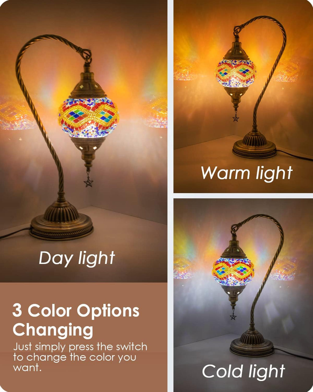Yarra-Decor Turkish Moroccan Lamp with Bronze Base 3 Color Options Handmade Swan Neck Tiffany Mosaic Glass Bedside Lamps for Bedroom (LED…