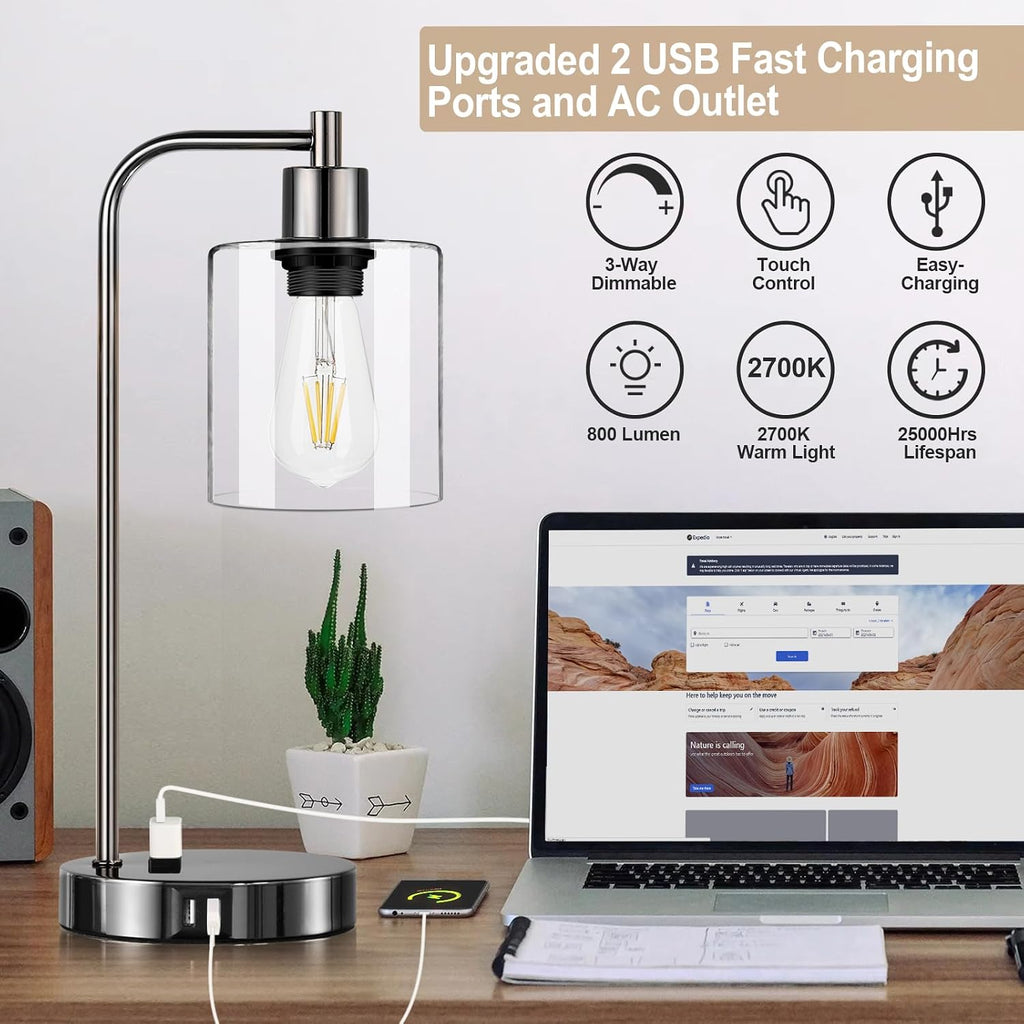 Industrial Touch Control Table Lamps Set of 2 - Black Nickel Bedside Lamps with 2 USB Ports & AC Outlet, 3-Way Dimmable Nightstand Desk…