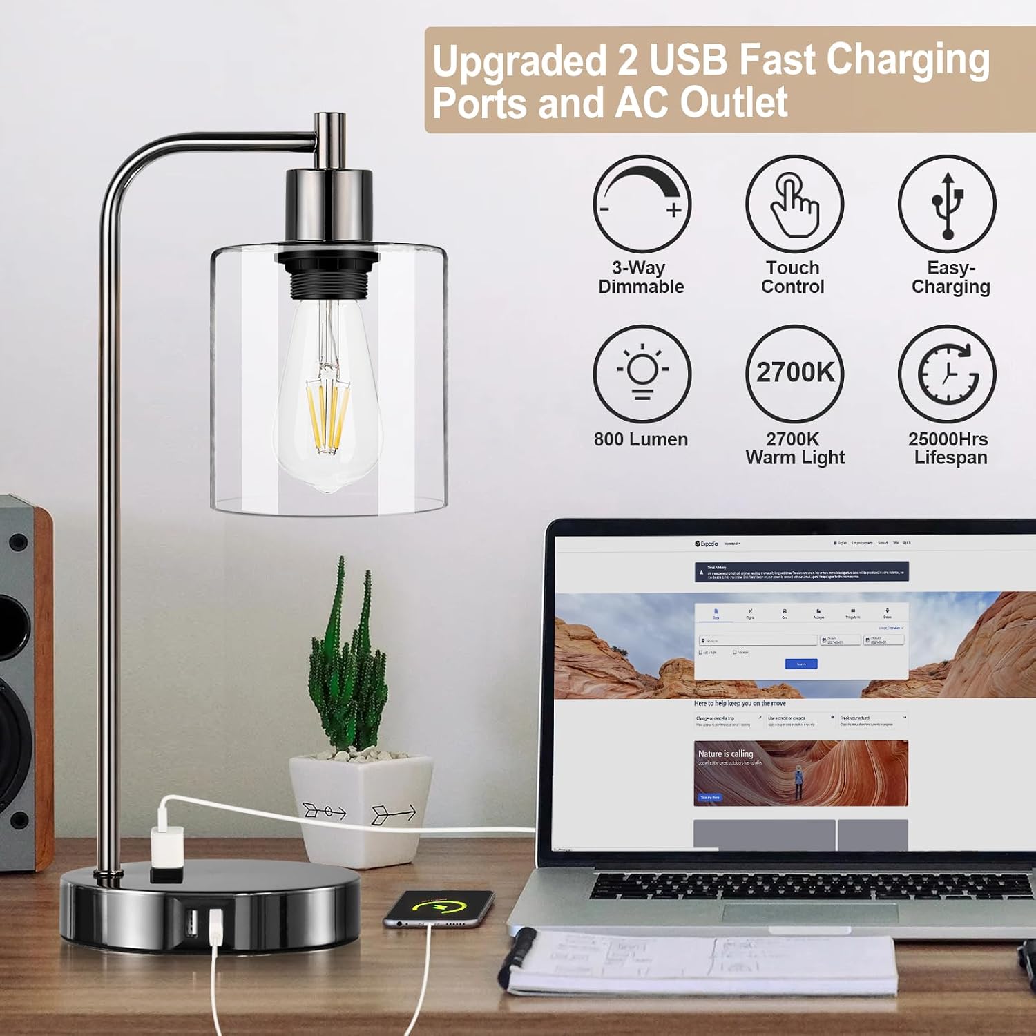 Industrial Touch Control Table Lamps Set of 2 - Black Nickel Bedside Lamps with 2 USB Ports & AC Outlet, 3-Way Dimmable Nightstand Desk…