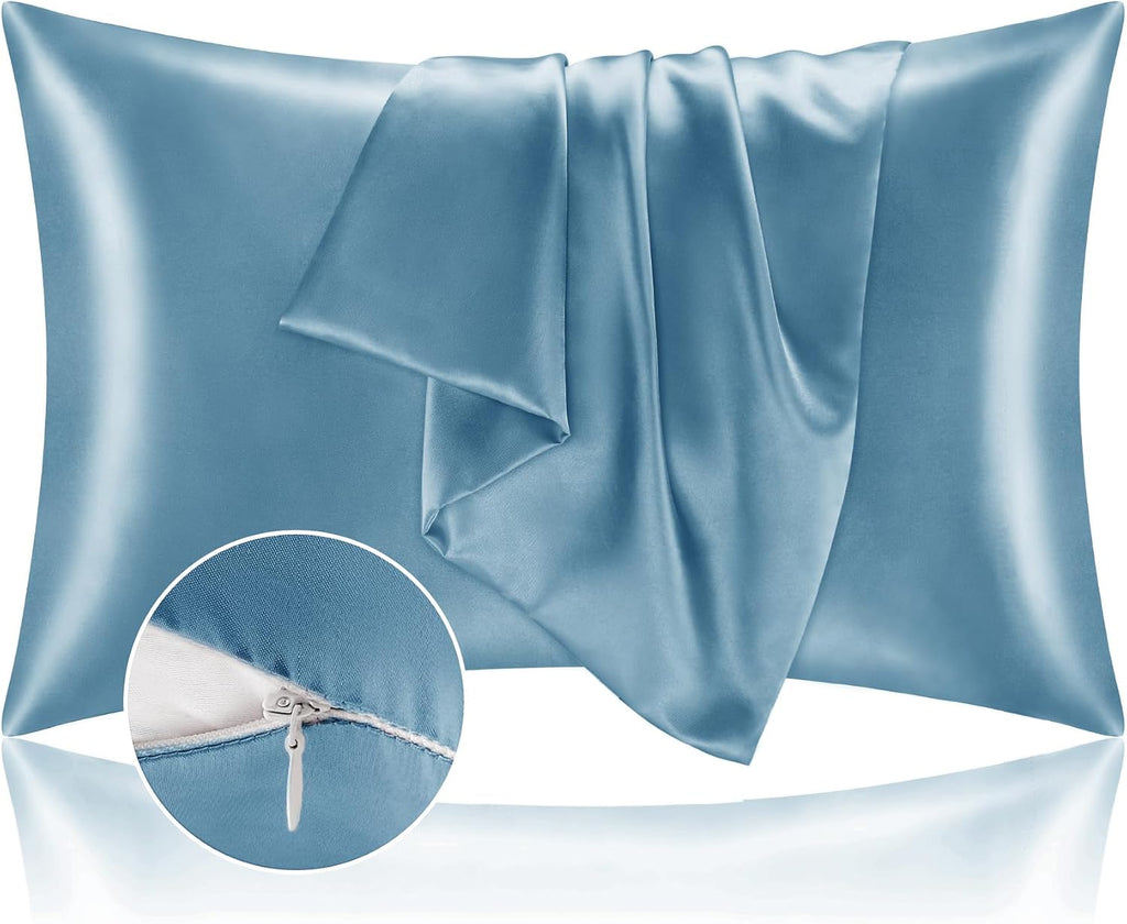 Bedelite Satin Pillowcase with Zipper, Airy Blue Pillow Cases Queen Size Set of 2, Super Soft and Cooling Similar to Silk Pillow Cases, Gif…