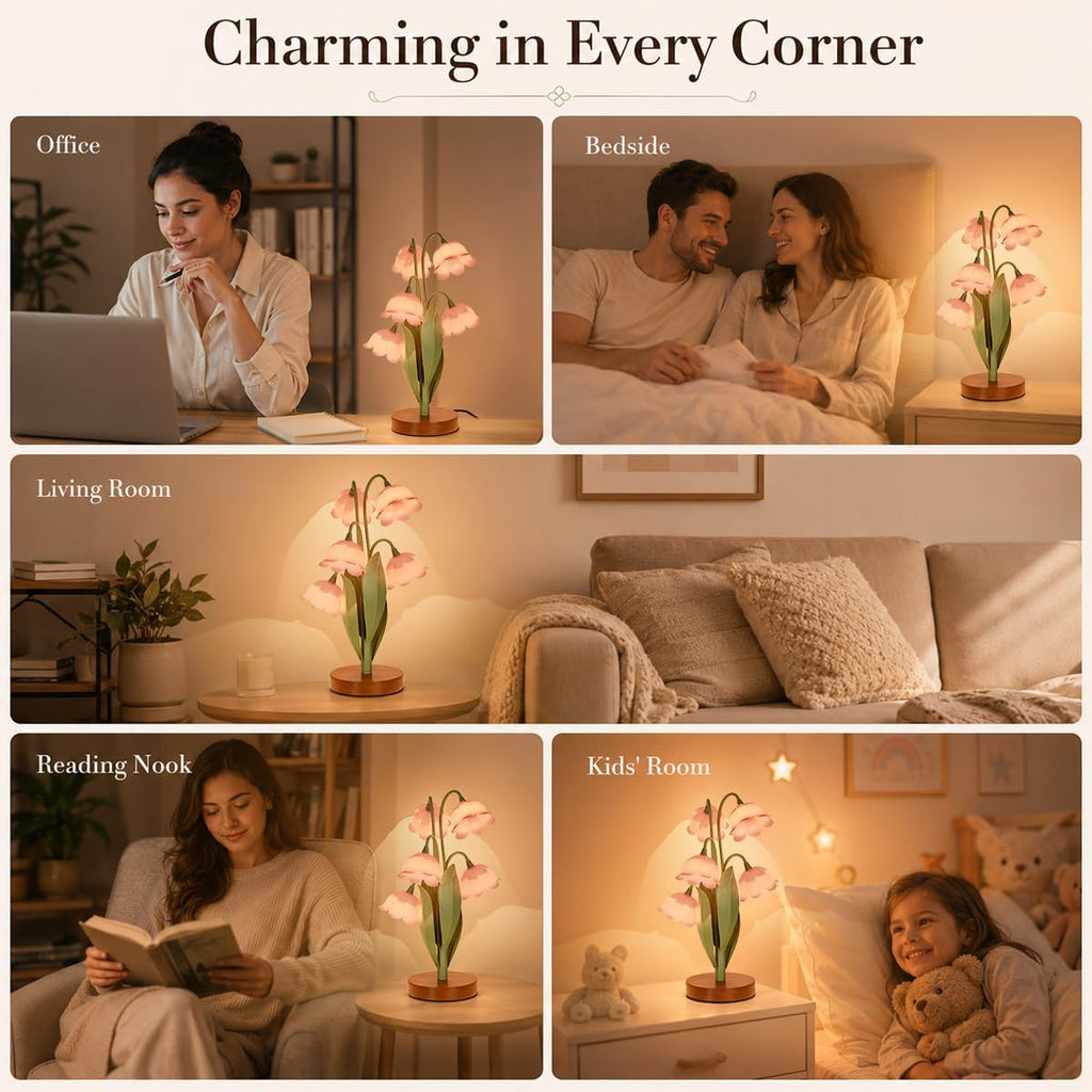 Flower Table Lamp for Bedroom, Cute Reading Light with 5 Pink Tulip Flower of The Valley, Desk Lamp Bedside Lamps for Nightstands Home…
