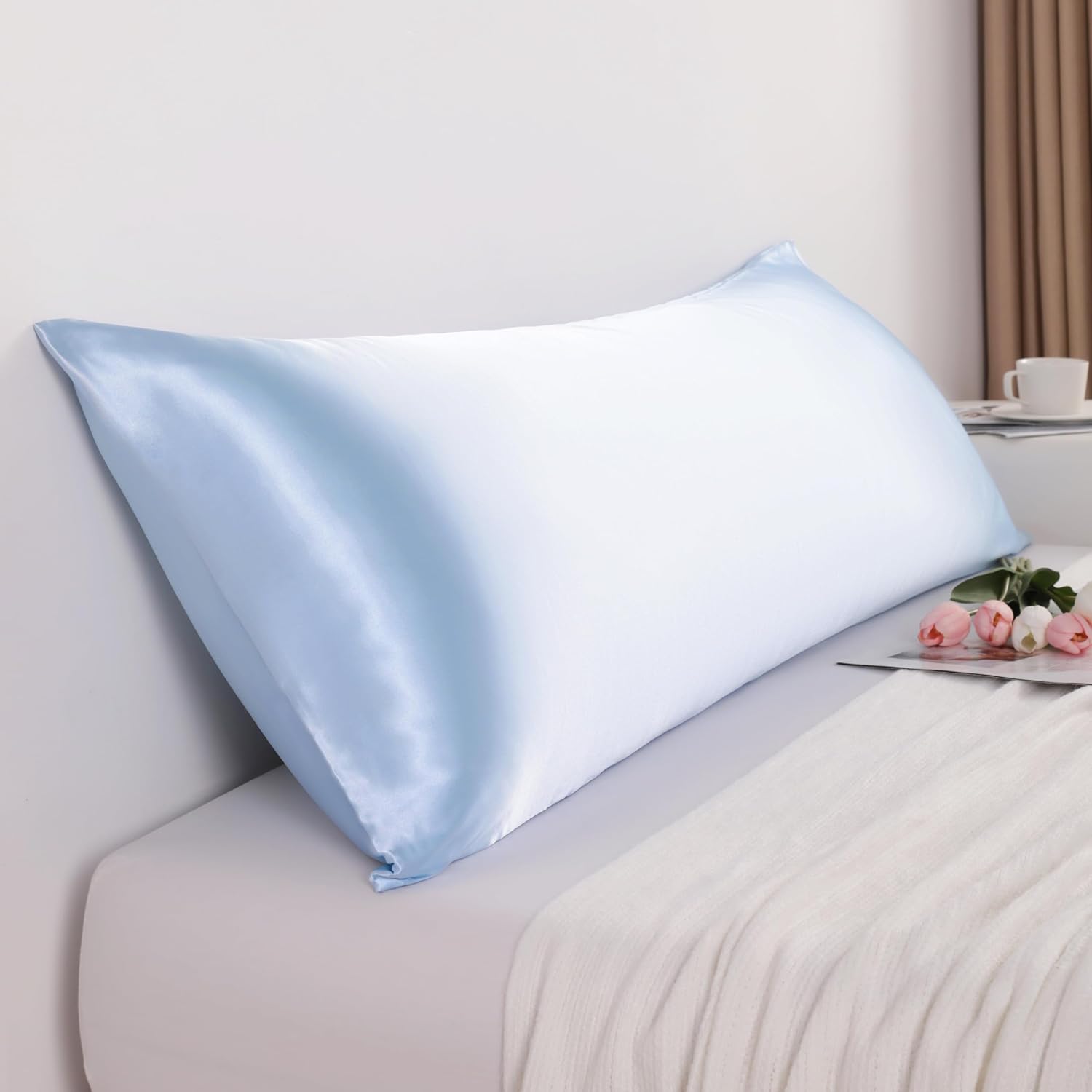 Ntbay Satin Body Pillowcase for Hair and Skin, Luxurious and Silky Pillow case with Envelope Closure, 20x54 Inches, Aqua 54 Inches