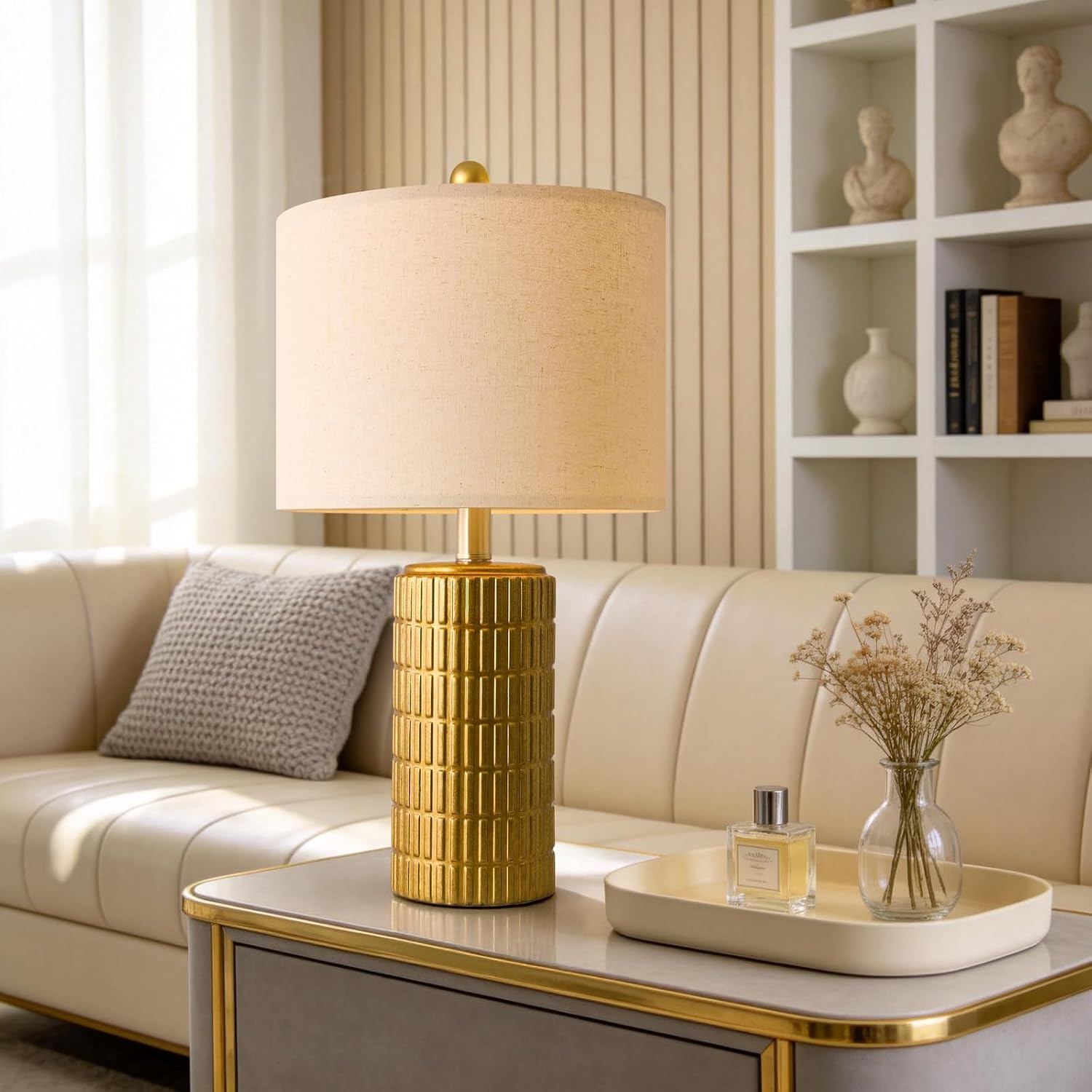 PoKat 20.75" Brass Gold Ceramic Table Lamps Set of 2 for Living Room, Small Retro Bedside Lamps for Bedroom, Nightstand Lamps for Home…