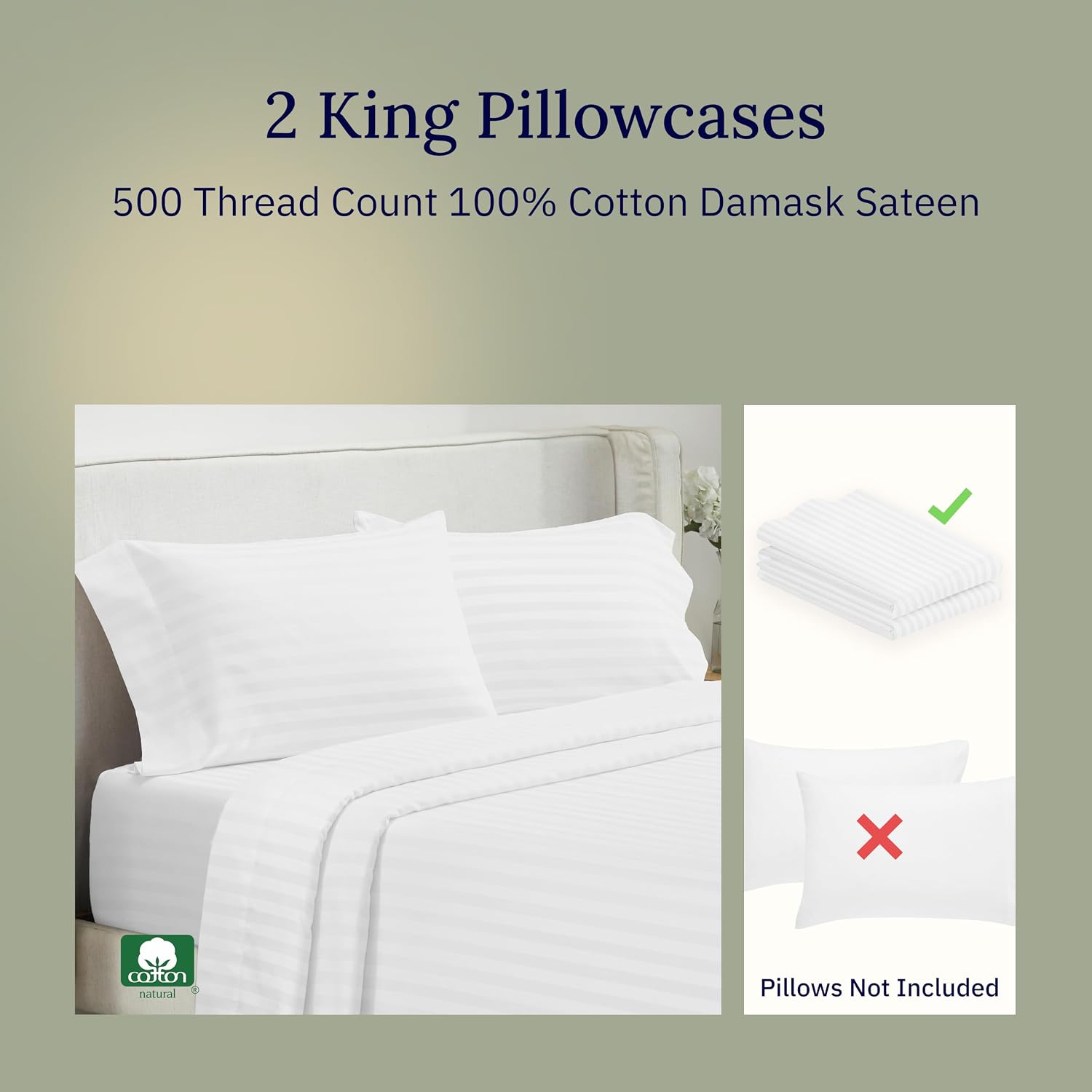 CALIFORNIA DESIGN DEN Soft & Silky 500 Thread Count 100% Cotton Sateen, Cool & Smooth with A Classic Opening, Set of 2 King Pillow Cases…