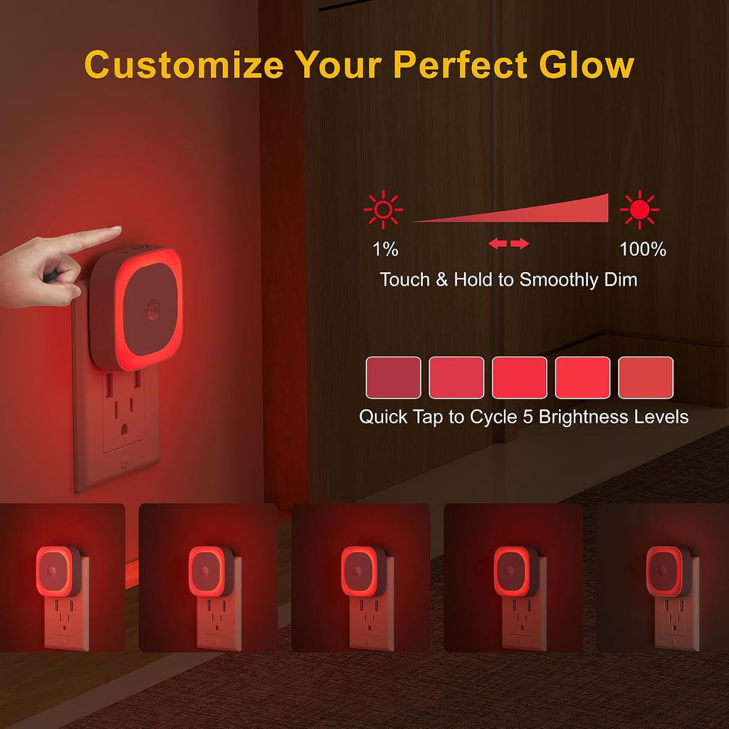 YUNLEX 2 Pack Plug in Red Sleep Night Light with Motion Sensor & Dusk to Dawn Sensor, Soft Glow, 0% Blue Light, Dimmable, Auto On/Off…