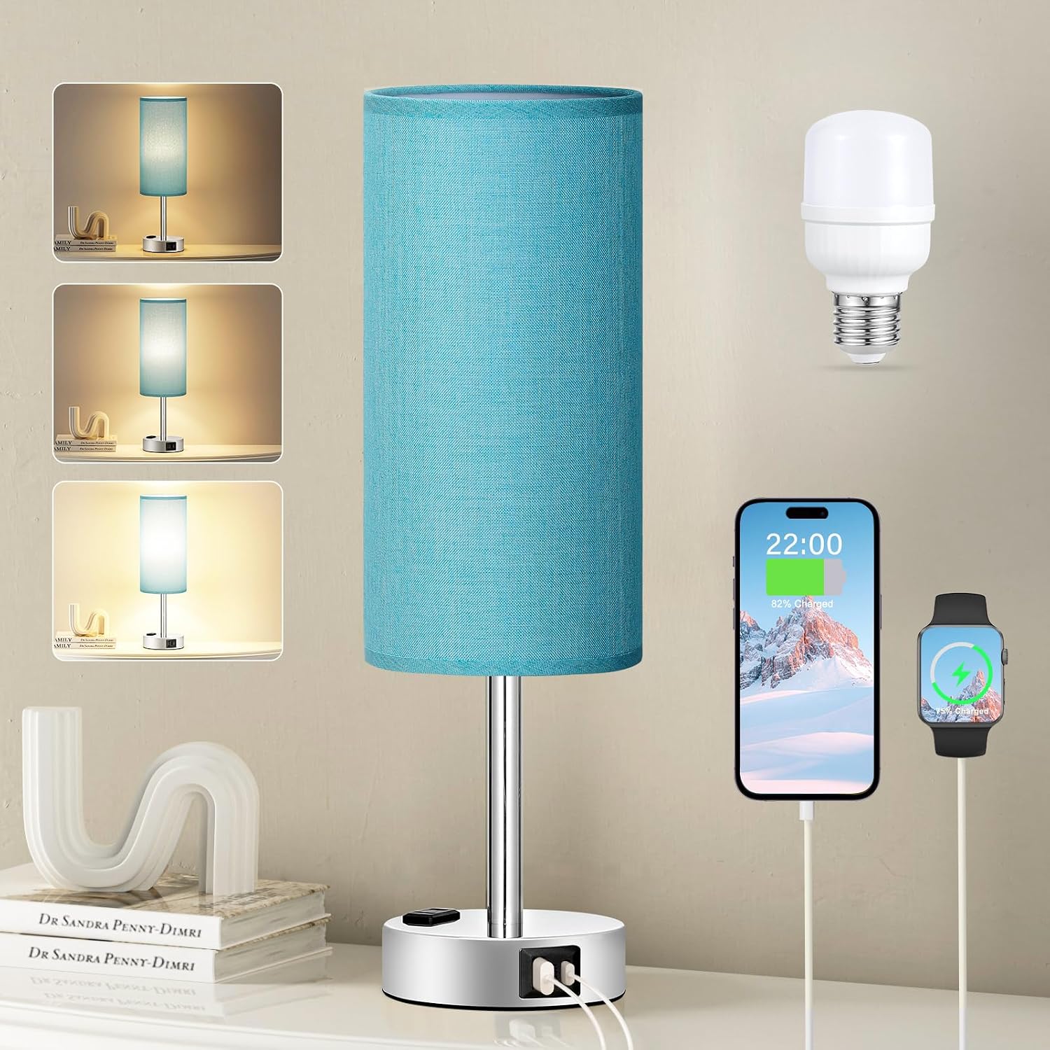 Fenmzee Turquoise Nightstand Table Lamp for Bedroom - 3 Way Dimmable Touch Lamp USB A and C Charging Ports and AC Outlet, Small Lamp for…