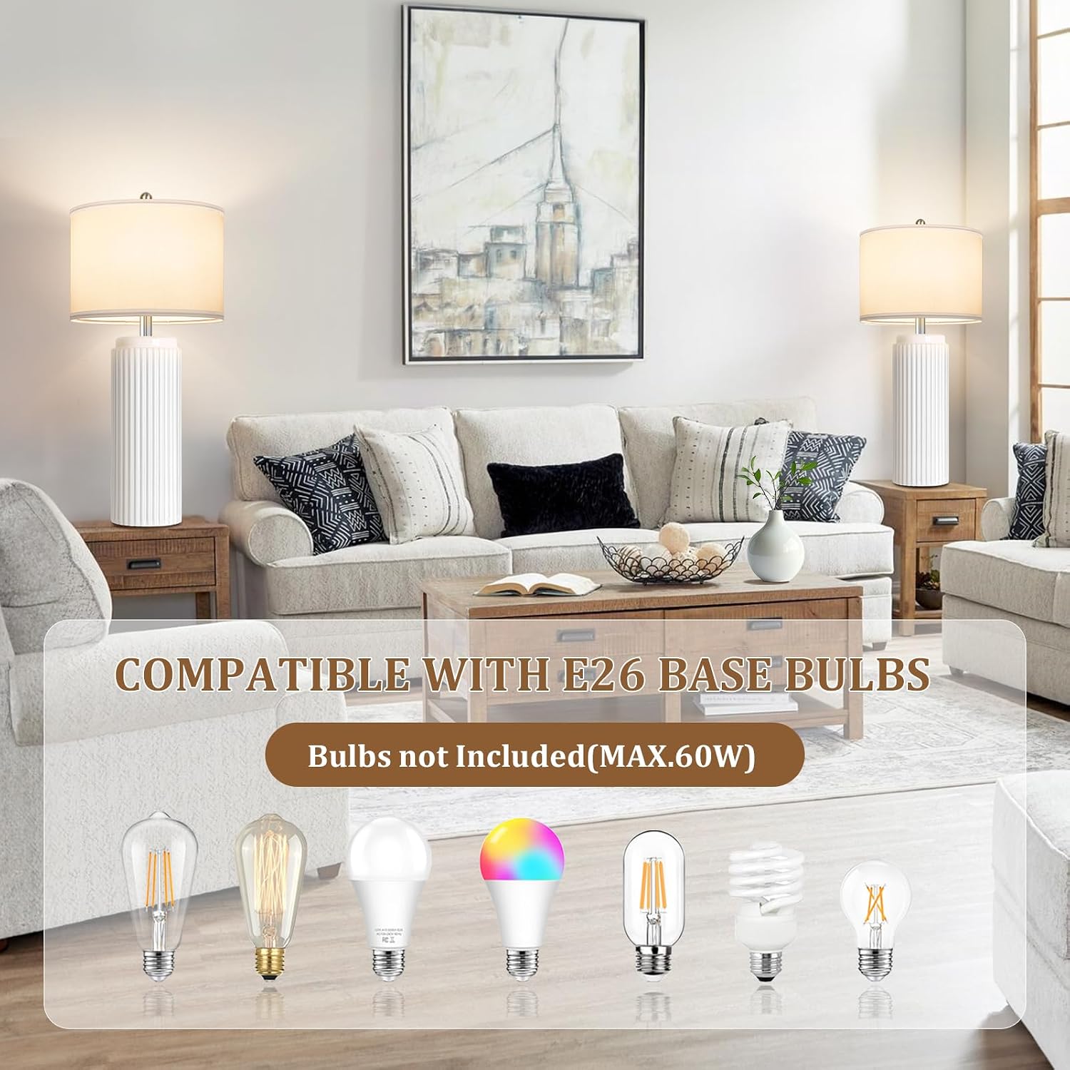 Tobusa 28’’ Modern White Ceramic Lamps Set of 2 for Living Room, Vintage Nightstand Lamps for Bedroom, Farmhouse Bedside Lamps with Linen S…