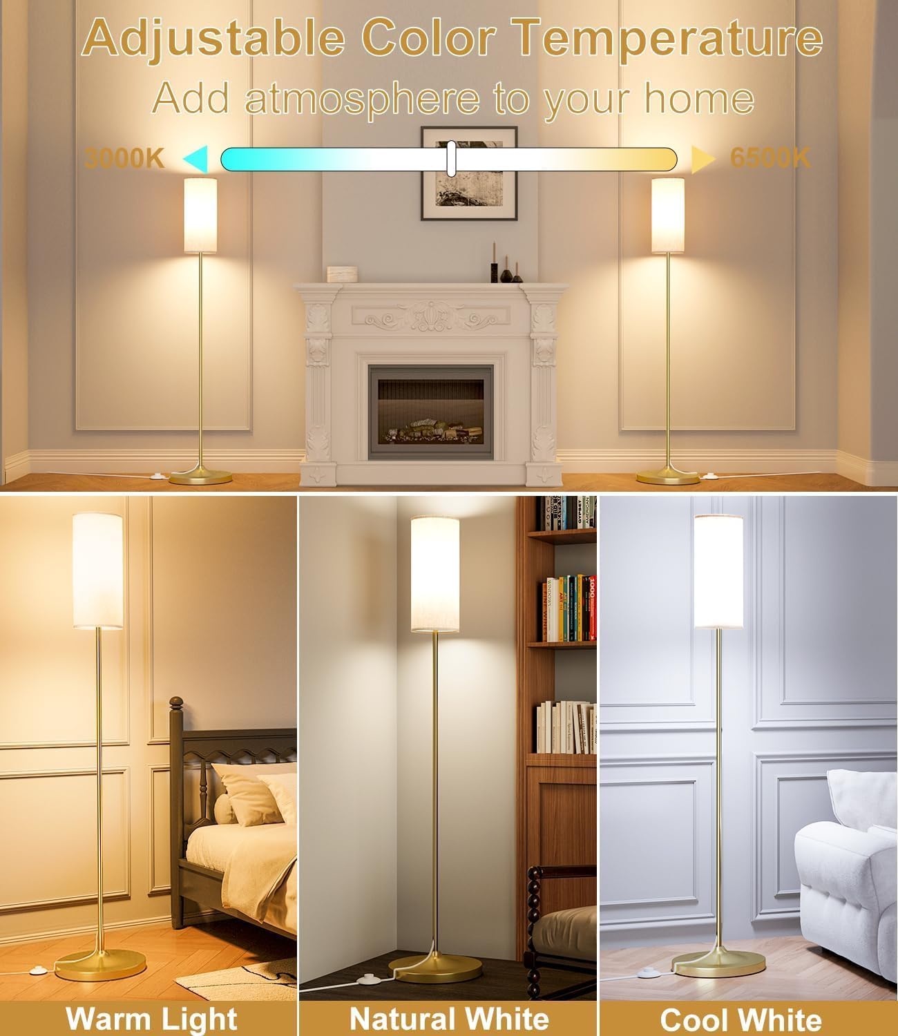 luckystyle LED Floor Lamp for Living Room, Dimmable Standing Lamps with Foot Switch, Remote Custom Color Temperature Gold Pole Lamp with…