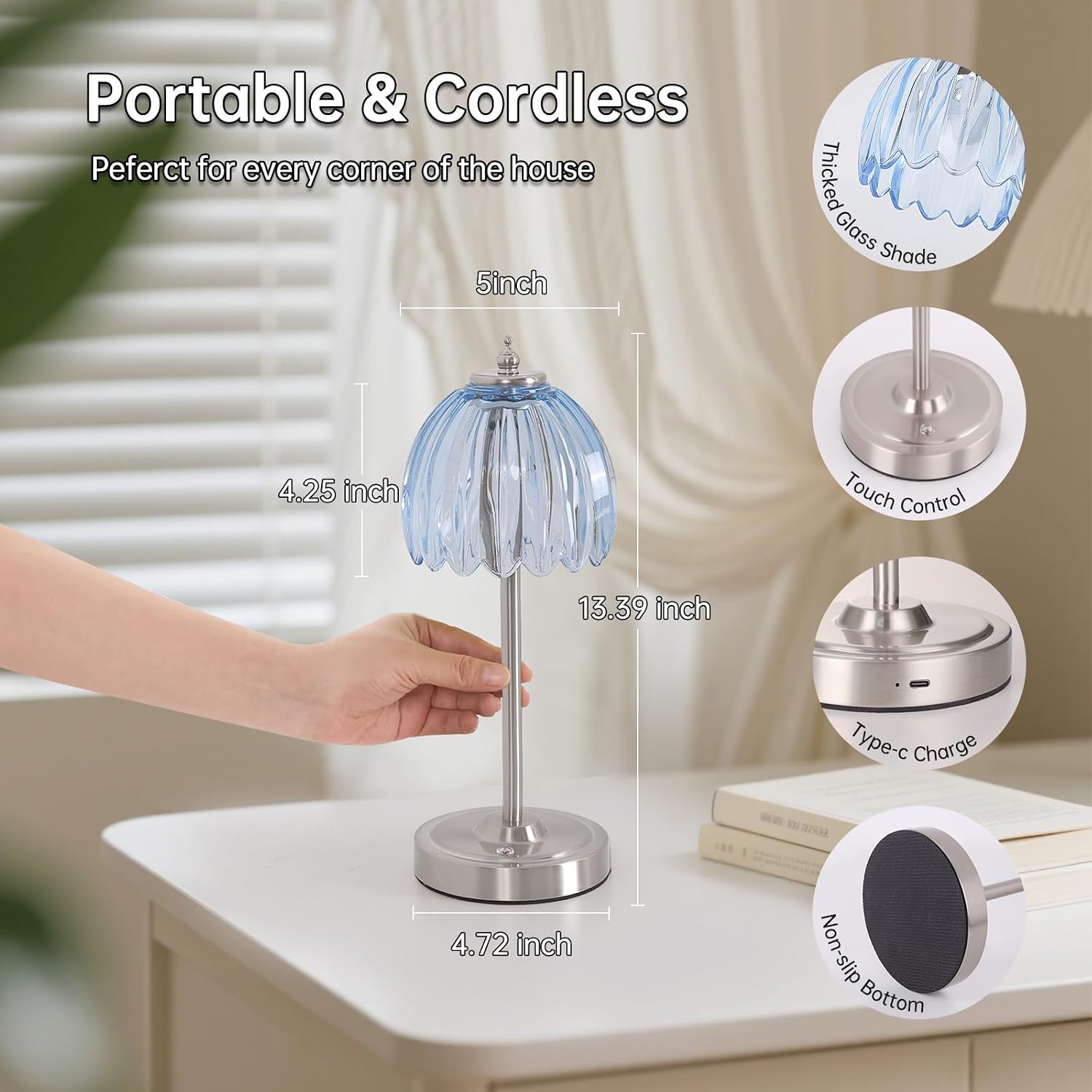 Shenmoyl Rechargeable Table Lamp with 5200mAh Battery & Touch Control - 3 Adjustable Color Temperatures, Cordless Dimmable Table Light…