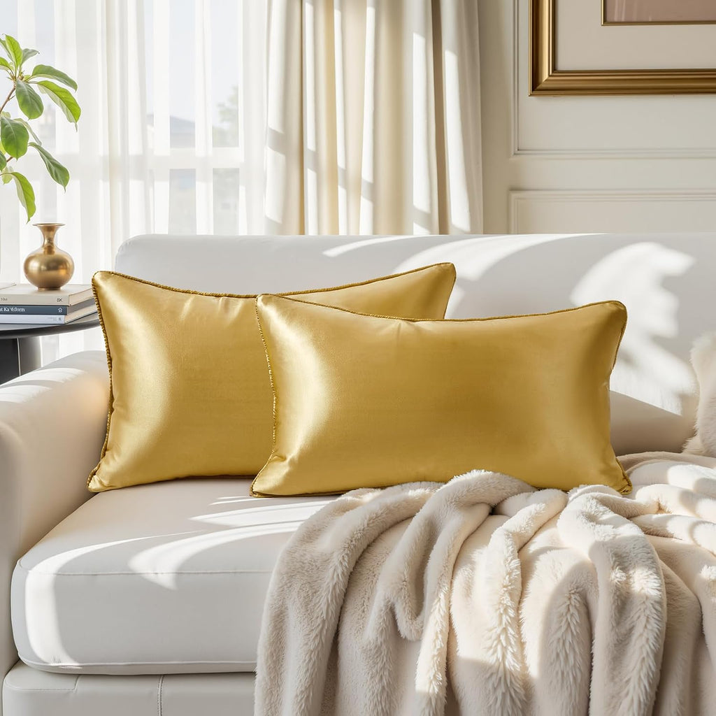 Homeideas Gold Decorative Throw Pillow Covers 20x12 Set of 2, Glossy Faux Silk Lumbar Pillow Covers for Couch Sofa Bed Decor Luxury Summer…