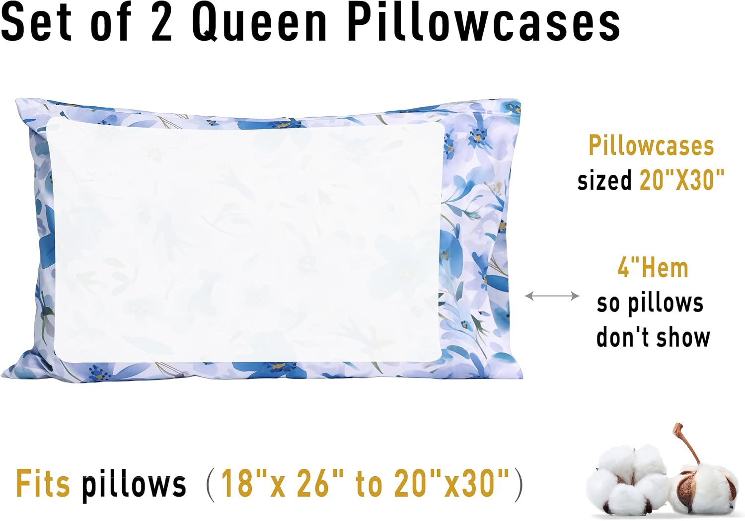 Sunflower Queen Pillowcases Set of 2, 100% Cotton Queen Size Pillow Cases 2, 20×30 inches Blue Bloom, Soft and Breathable