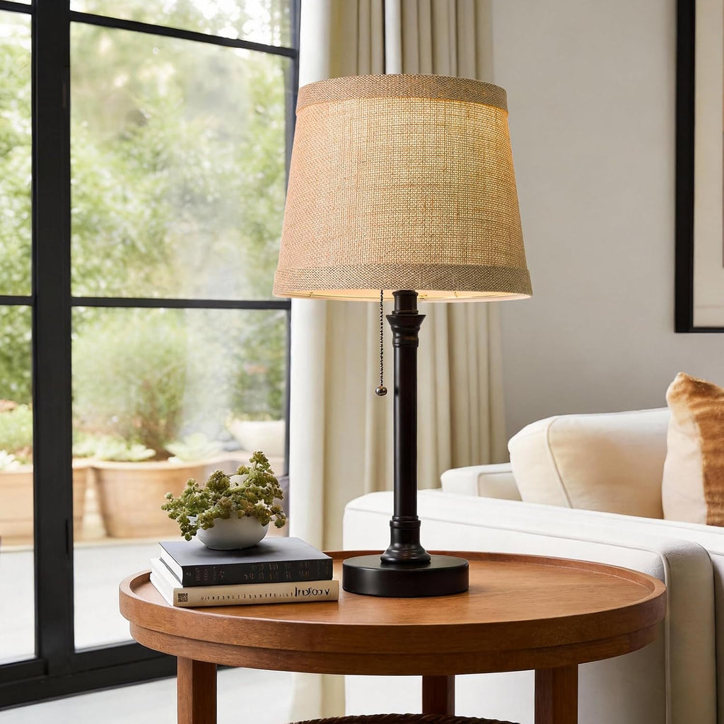 Oneach 19.5" Black Table Lamp Set of 2, Small Bedside Table Lamps with Unique Natural Shade, Pull Chain Switch, USB A+C Charging Ports…