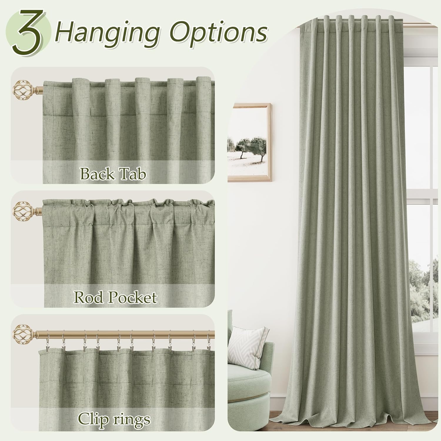 Guken 100% Blackout Linen Curtains 42 Inch Wide by 72 Inch 2 Panels Set for Living Room Bedroom Back Tab Thermal Insulated Black Out Linen…