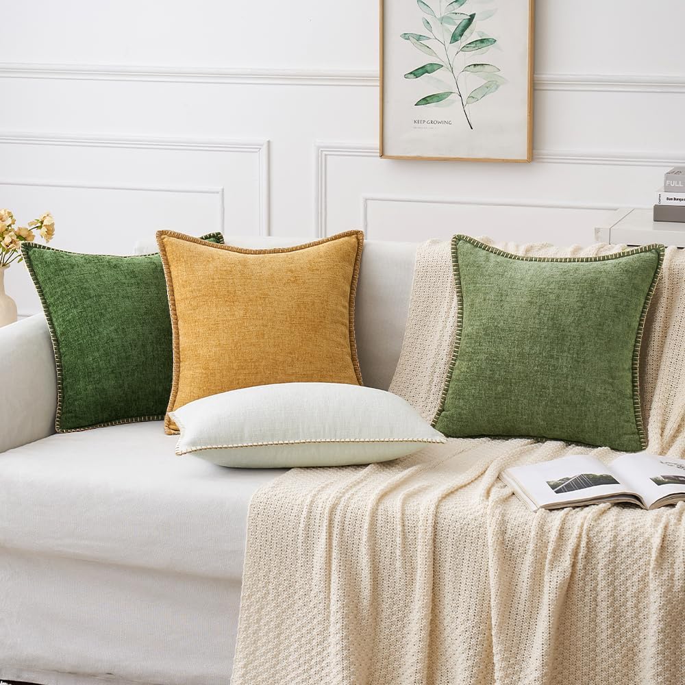 Miulee Pack of 2 Couch Pillow Covers 22x22 Inch Moss Green Farmhouse Decorative Throw Pillow Covers with Stitched Edge Soft Chenille Solid…