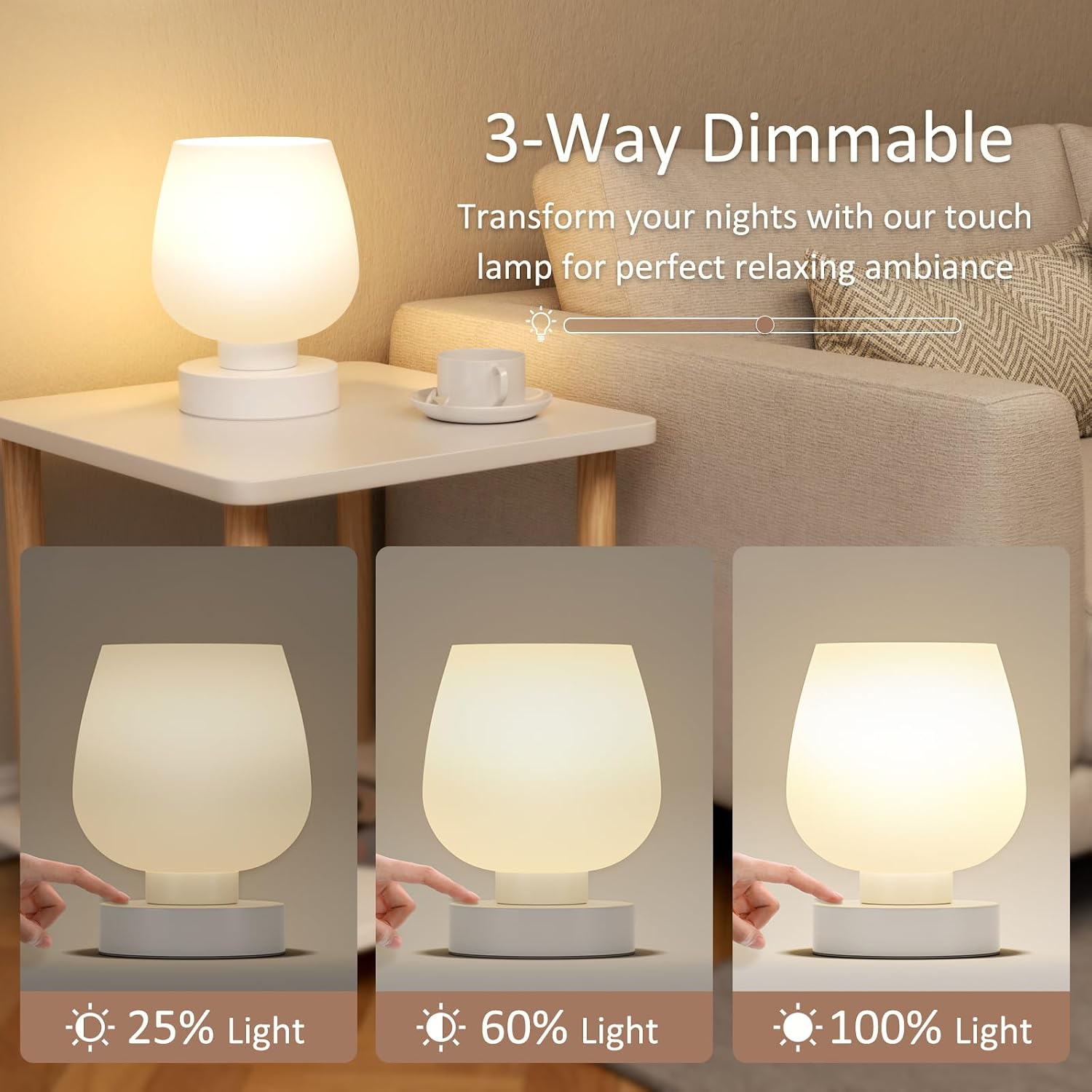Seealle Touch Bedside Table Lamp Set of 2 - Small Bedside Lamp for Bedroom Living Room Night Stands, Desk Lamp with White Glass Shade for…
