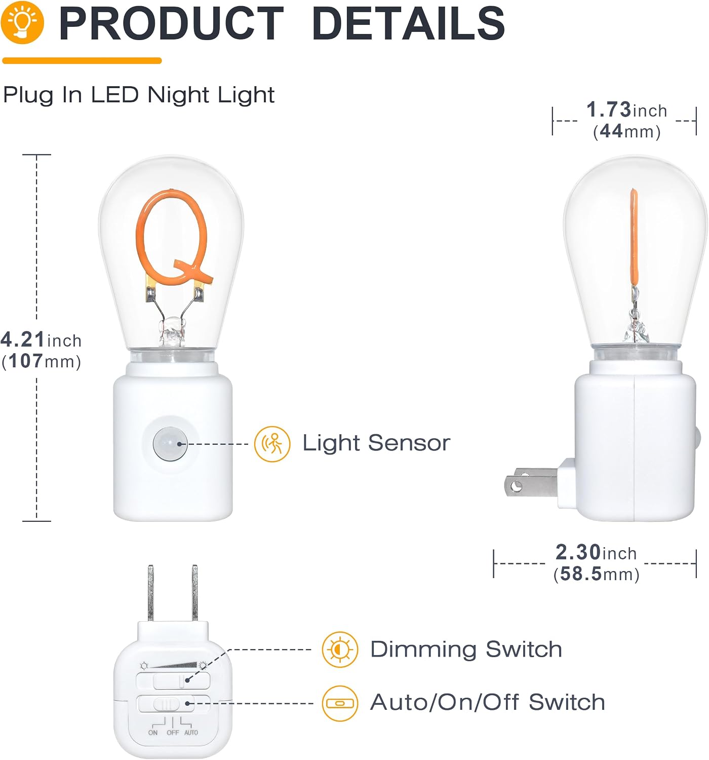 LED Motion Sensor Night Lights Plug Into Wall, Dusk to Dawn Sensor, 2200K Amber Warm Dimmable Home Decor Q-Type Nightlight, 2-Pack