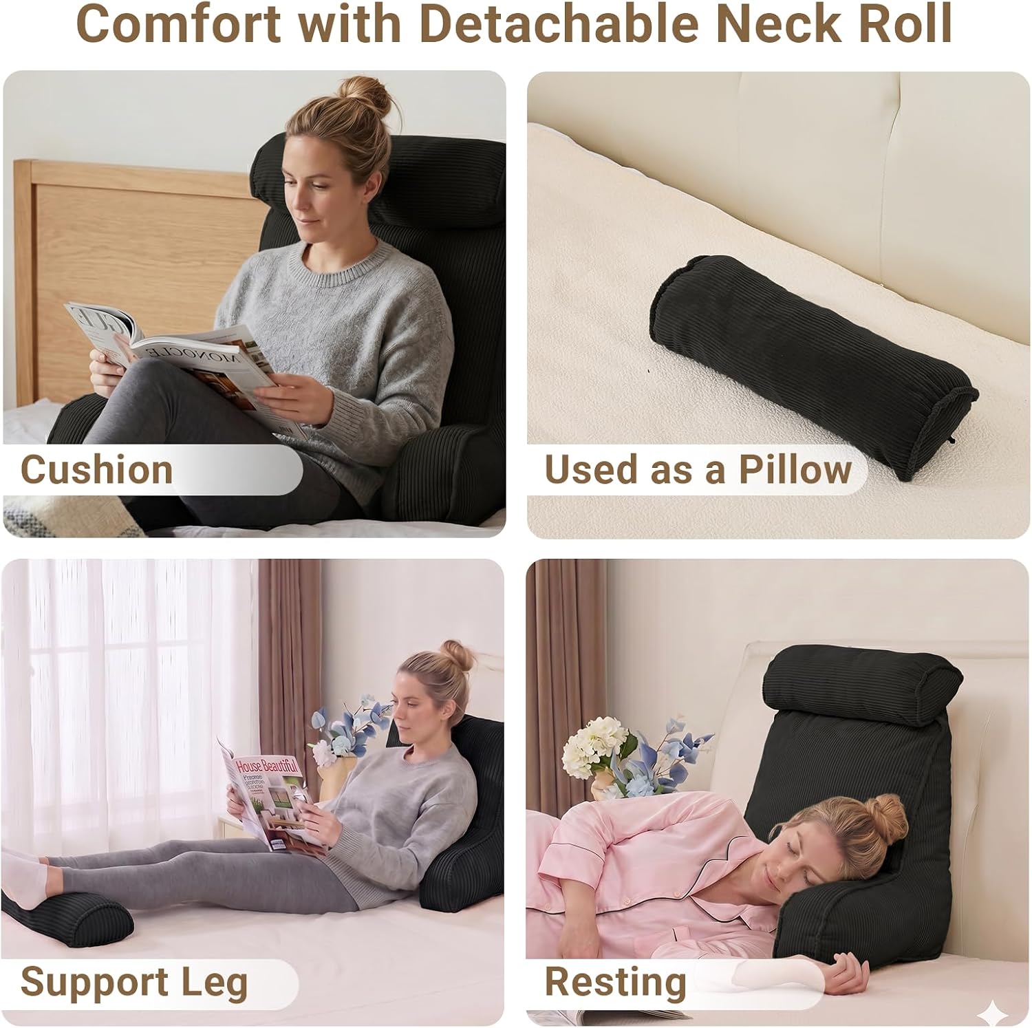 Reading Pillow for Bed with Detachable Neck Roll and Shredded Memory Foam, Back Pillow with Arms for Sitting Up, Washable Bed Rest Pillow…