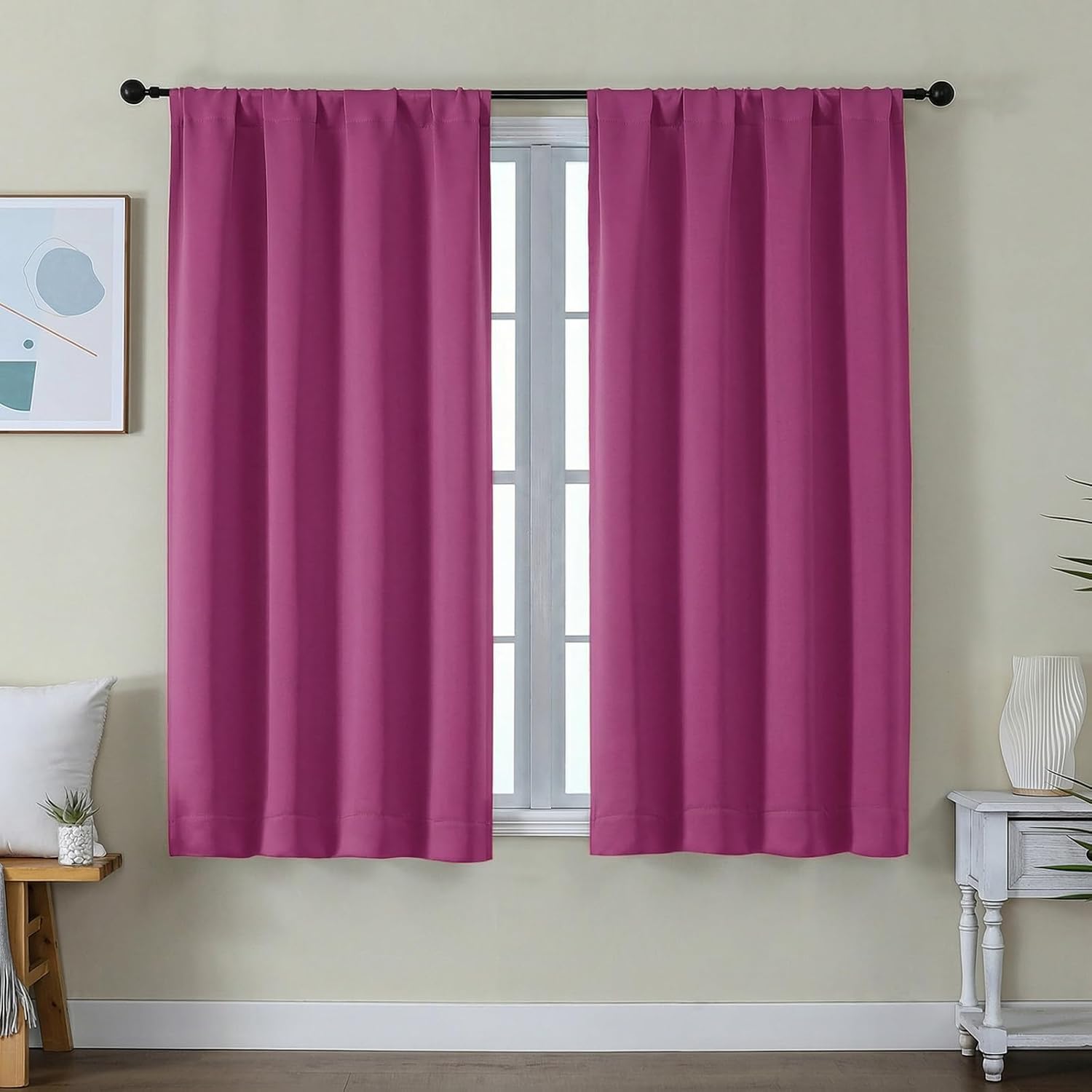 Simplebrand Ava Hot Pink Short Blackout Curtains for Bedroom 54 Inches Long 2 Panels Set, Solid Thermal Insulated, Energy Saving Window Tre…