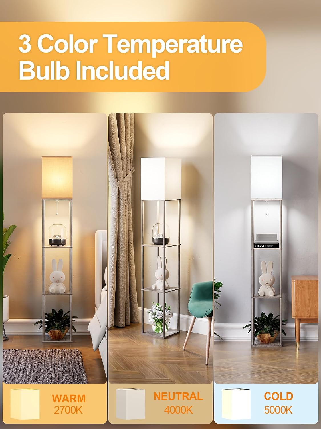 Floor Lamp with Shelves for Living Room 2 Pack Oak Gray, Shelf Floor Lamp with 3 CCT LED Bulb, Corner Display Standing Column Lamp…