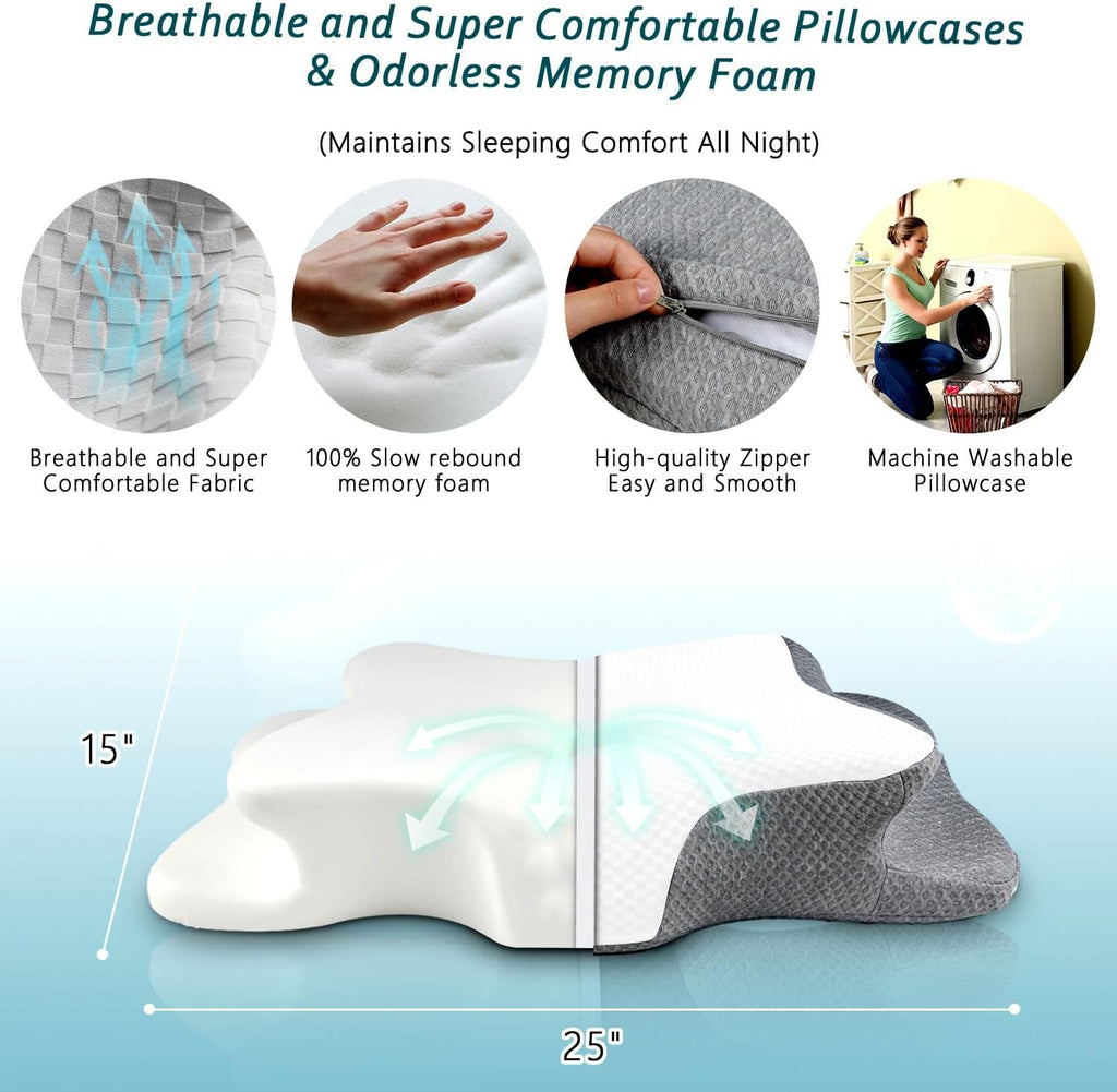 CHxxy Cervical Neck Pillow for Sleeping, Memory Foam Pillows, Ergonomic Side Sleeper Pillows, Cooling Orthopedic Neck Support Pillow for Ba…