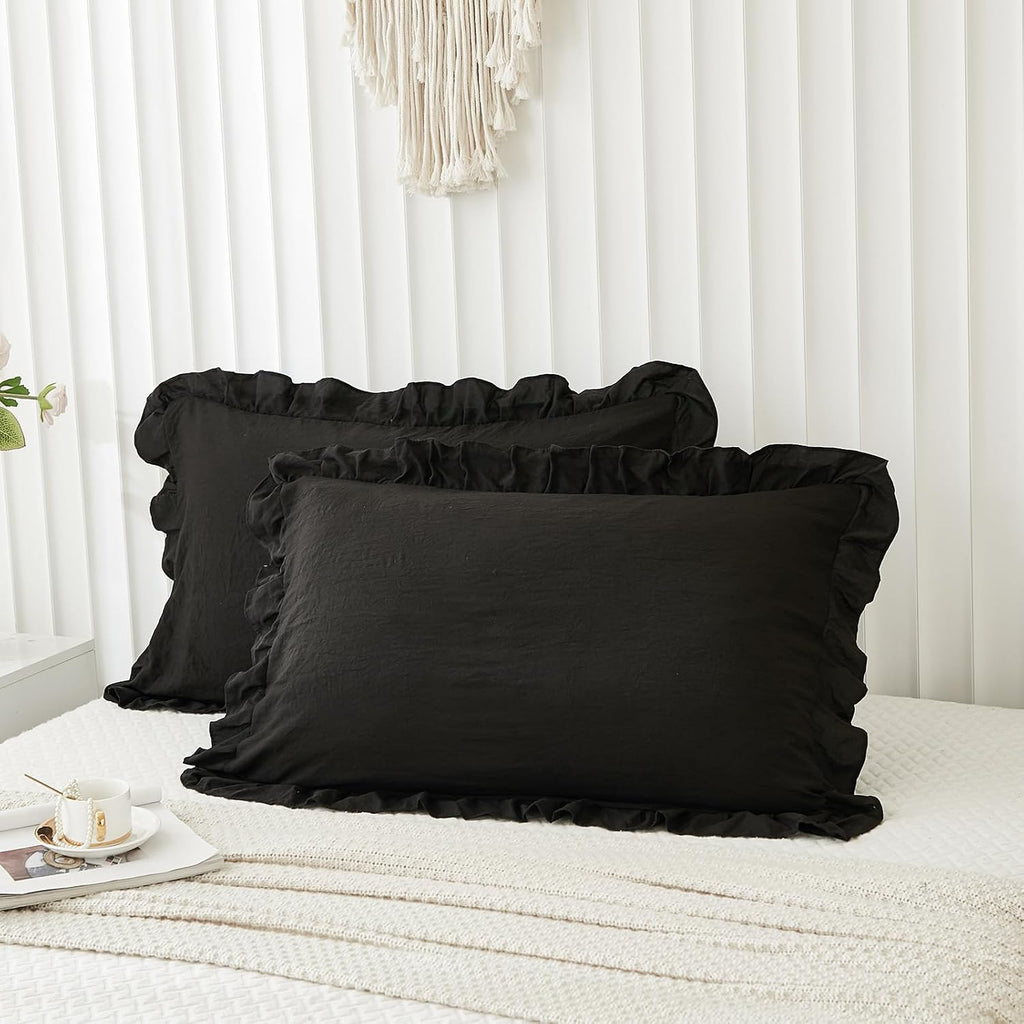 Merryword Black Pillow Shams Standard Pillowcases 20x26inch Black Ruffle Cute Pillow Cover Set of 2 Shabby Chic Soft Microfiber Pillowcases…