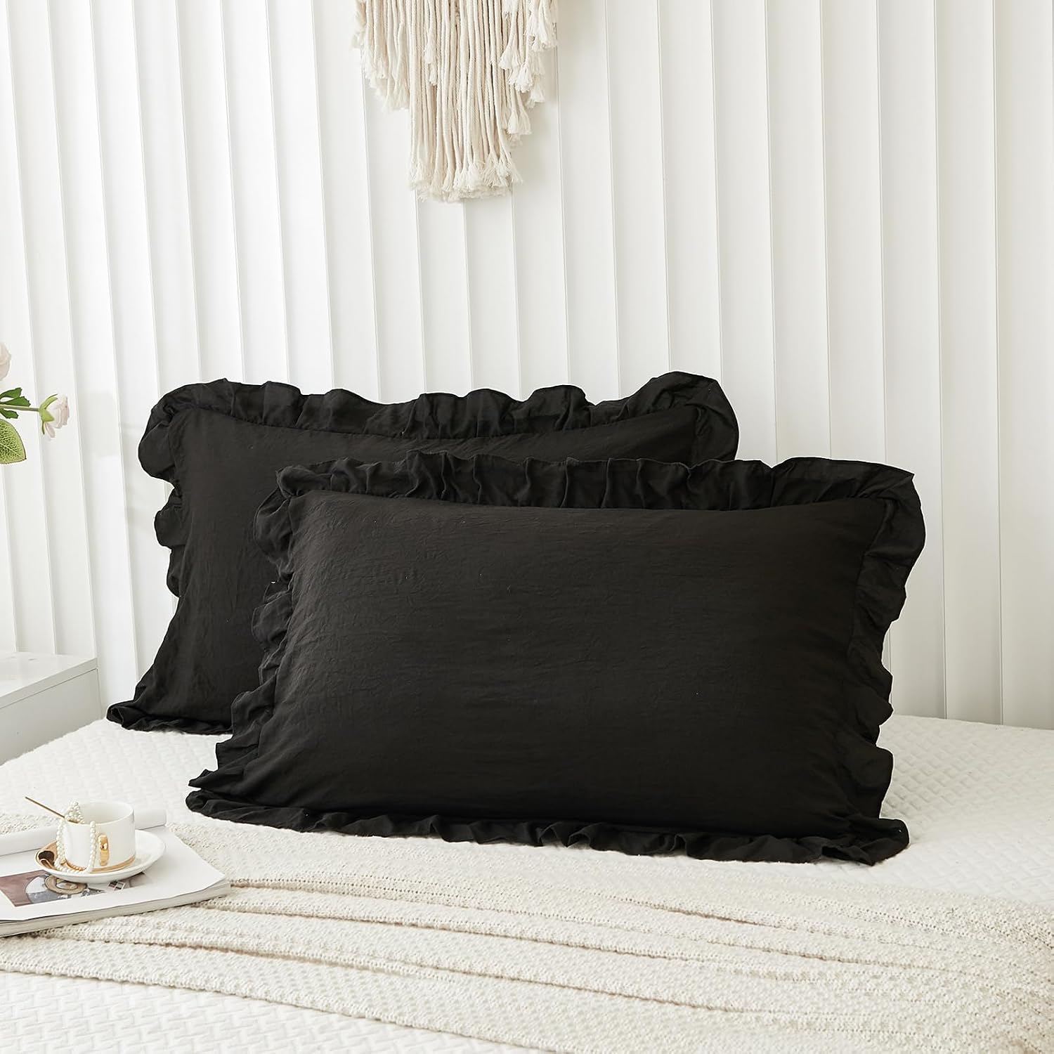 Merryword Black Pillow Shams Standard Pillowcases 20x26inch Black Ruffle Cute Pillow Cover Set of 2 Shabby Chic Soft Microfiber Pillowcases…