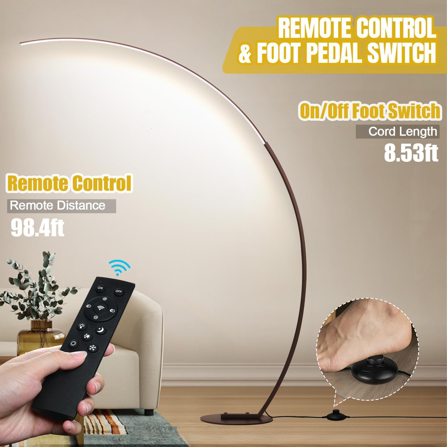 Dimmable LED Floor Lamp with 3 Color Temperatures, Ultra Bright 2000LM Brown Arc Floor Lamps for Living Room, Modern Standing Tall Lamp…