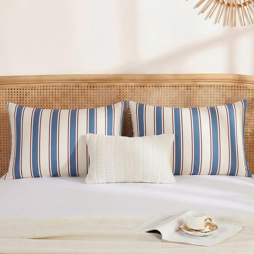 Merryword White and Blue Striped Pillowcases, 100% Cotton Pillow Cases, King Size Pillowcases, Luxury Linen Like Pillowcase, Soft Breathabl…