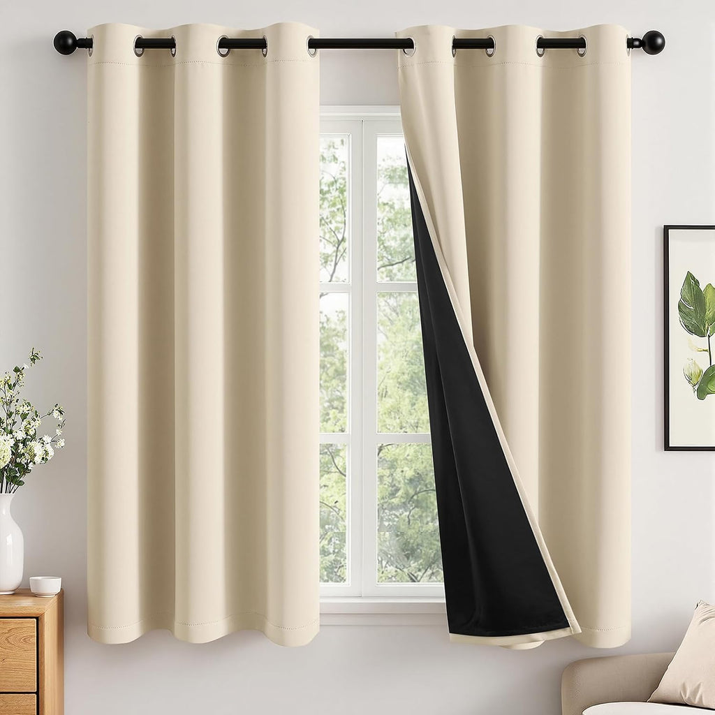 Miulee Cream Beige 100% Blackout Curtains for Bedroom 63 Inch Long, 2 Thick Layers Thermal Insulated Black Out Window Curtains with Black L…