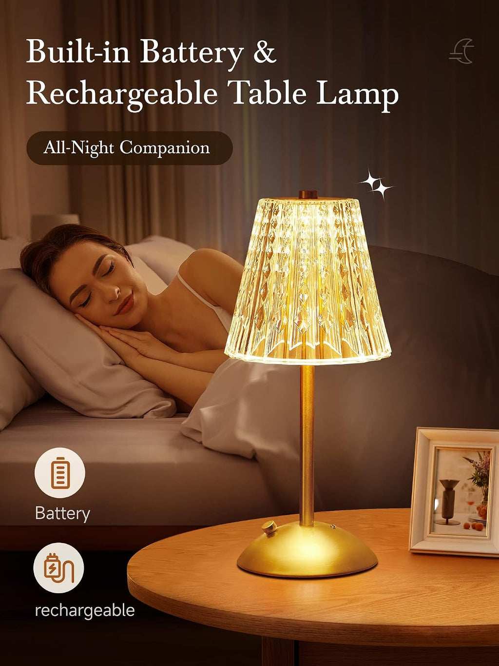 Crystal Cordless Lamp, Dimmable+3 Colors Rechargeable Lamp, Touch+2000mAh Battery Operated Vintage Ambient Light for…
